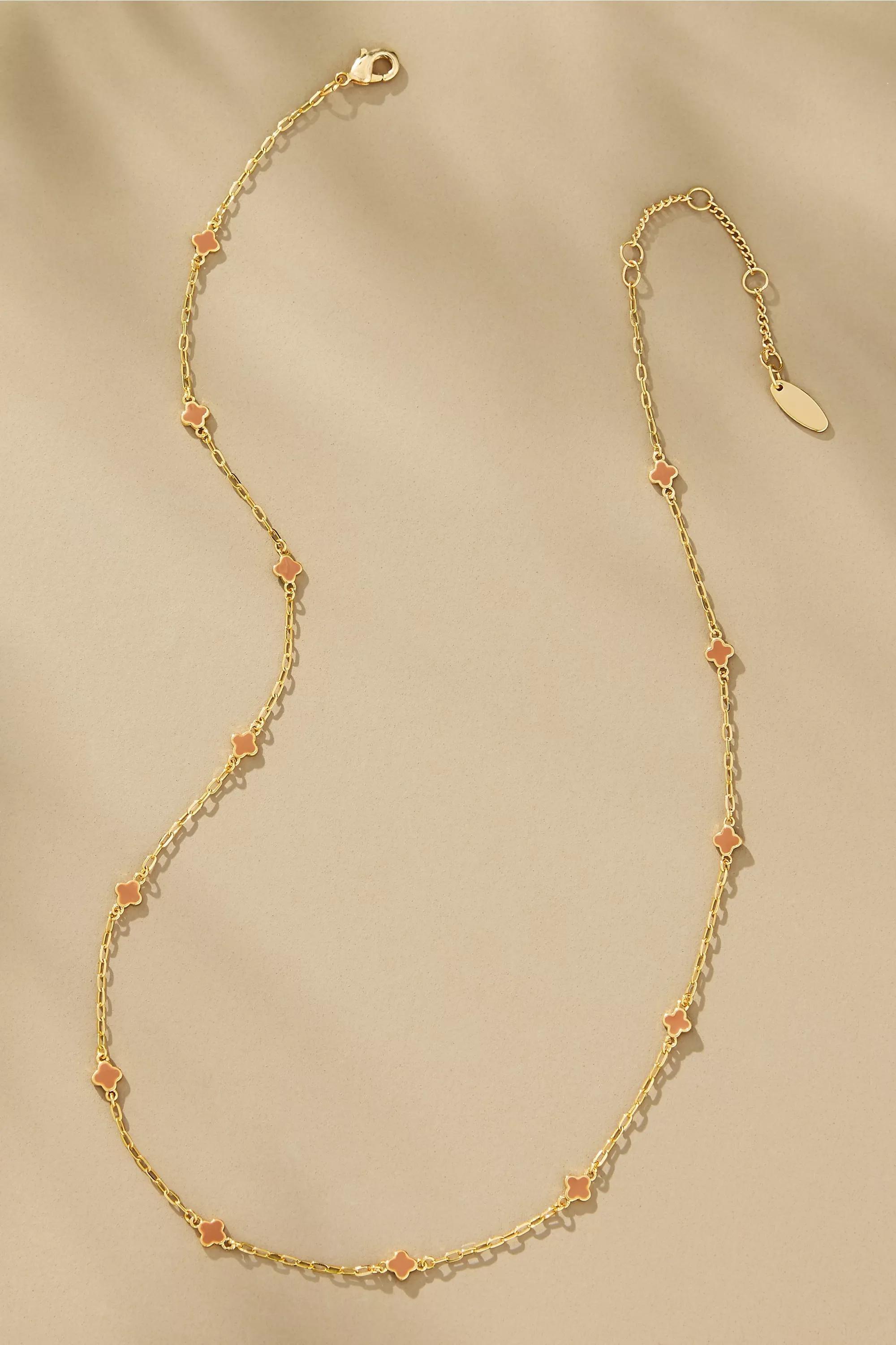 Tiny Clover Chain Necklace, Brown, A501_0022, medium