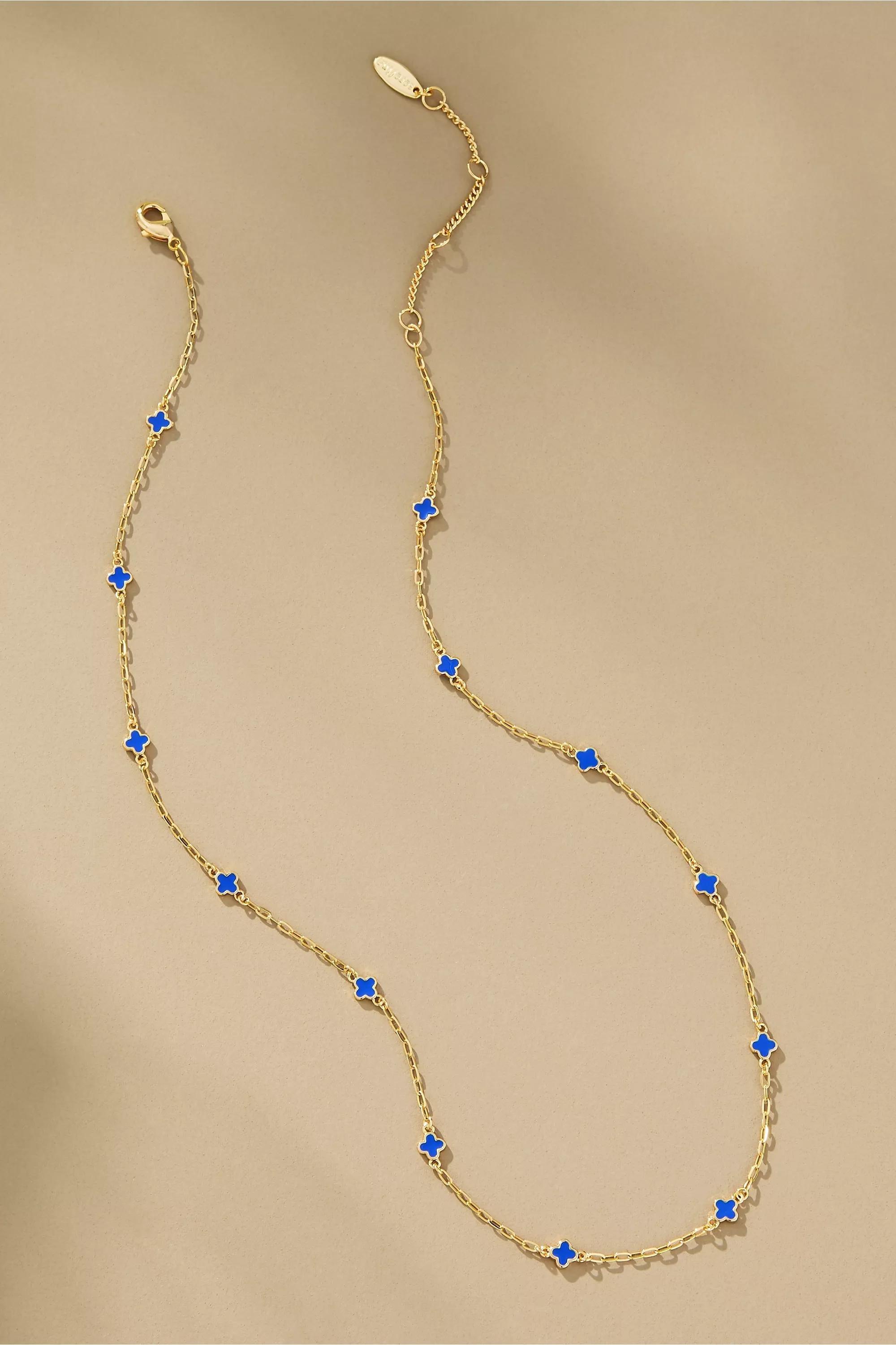 Tiny Clover Chain Necklace, Blue, A501_0040, large image number 0