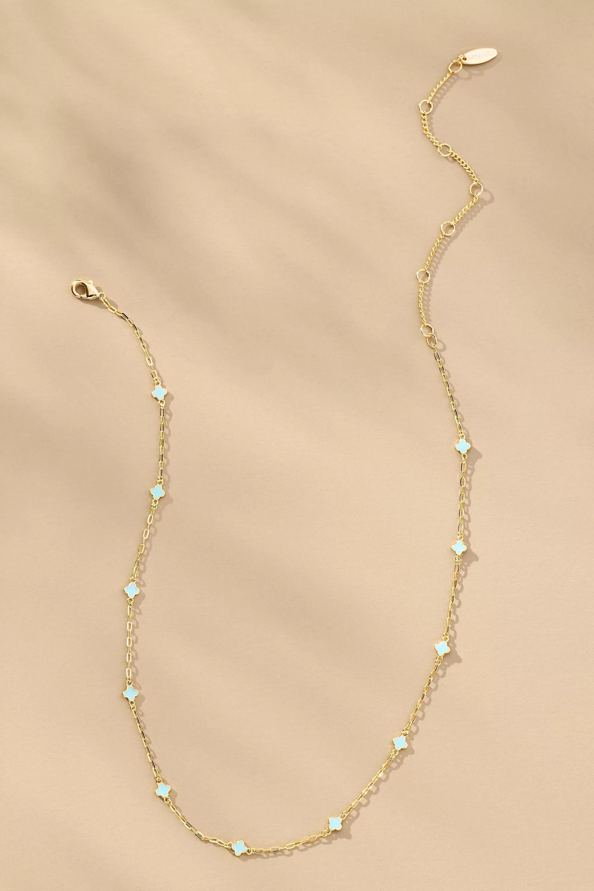 Tiny Clover Chain Necklace, Blue, , medium