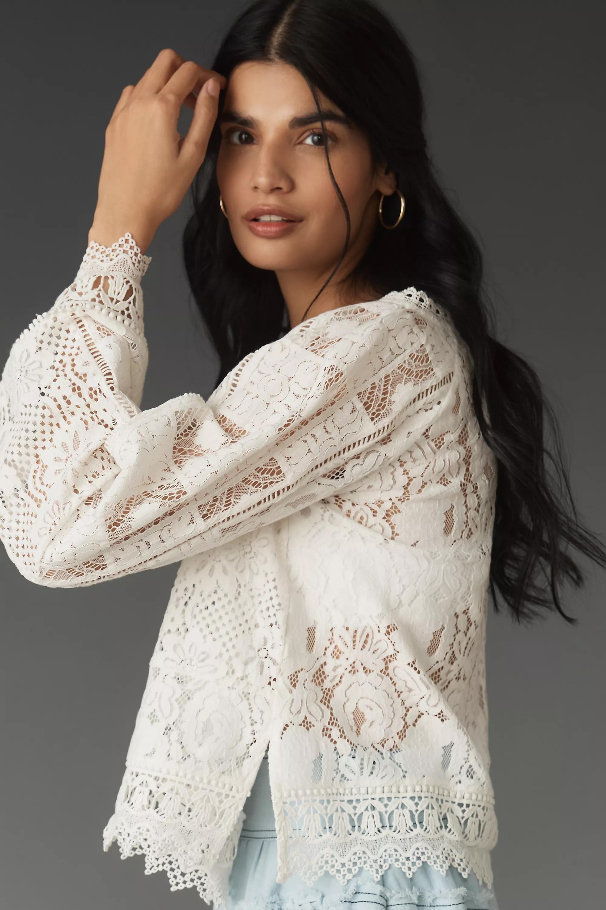 Anthropologie Lace Details Blouse, White, , large image number 0