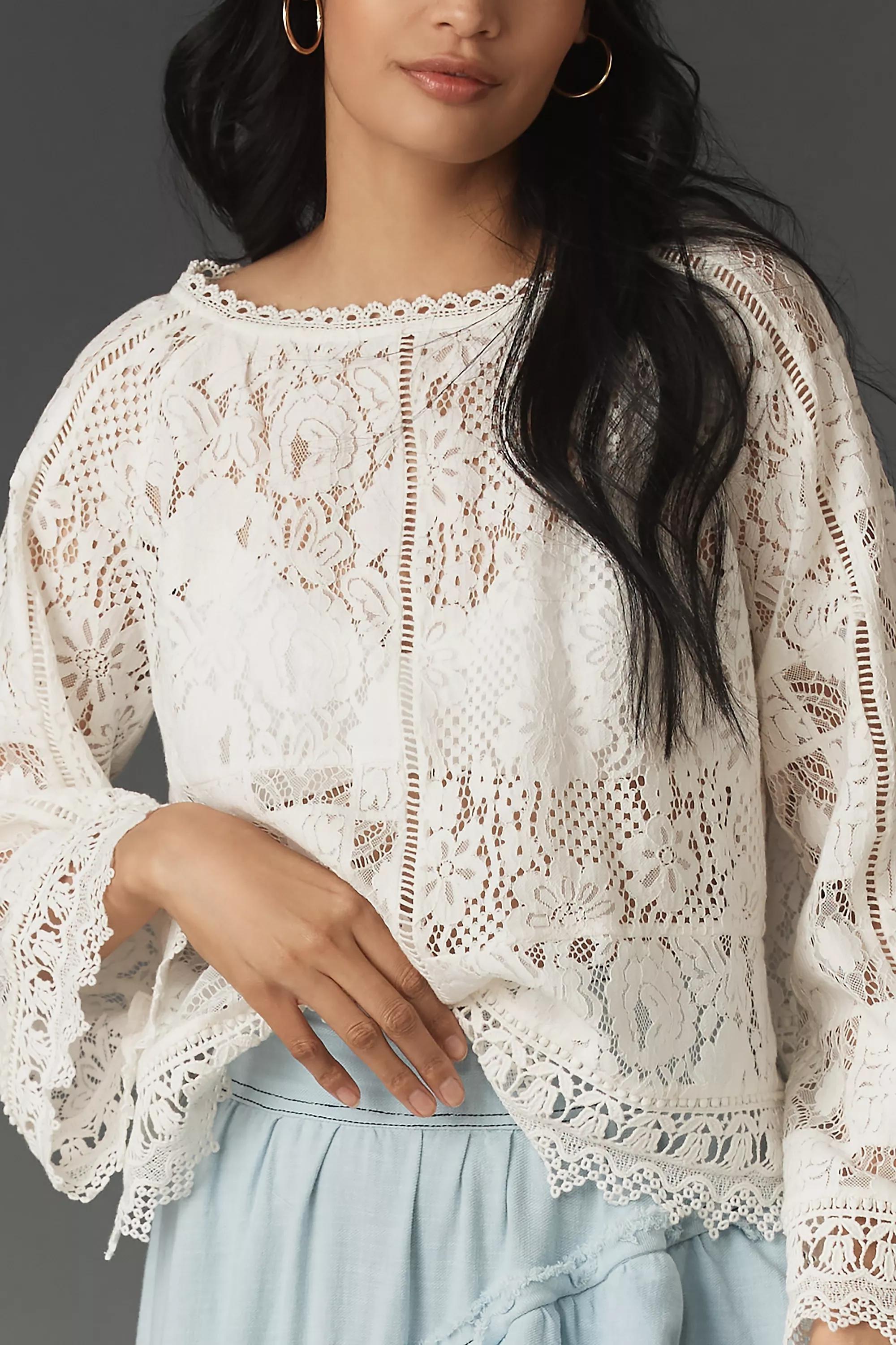 Anthropologie Lace Details Blouse, White, , large image number 1