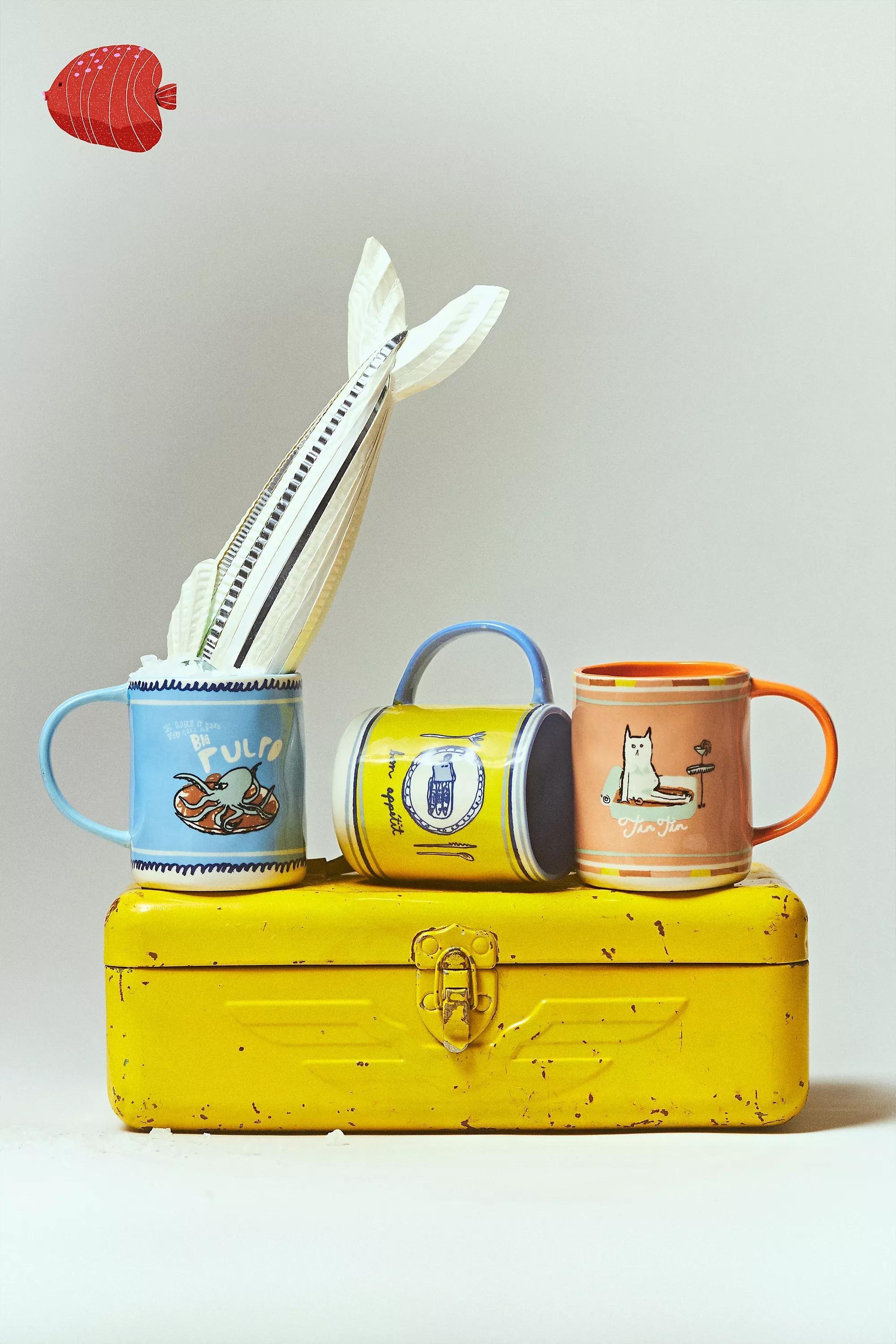Yellow Pattern Tinned Fish Candle Stoneware Mug, A501_0079, large image number 1