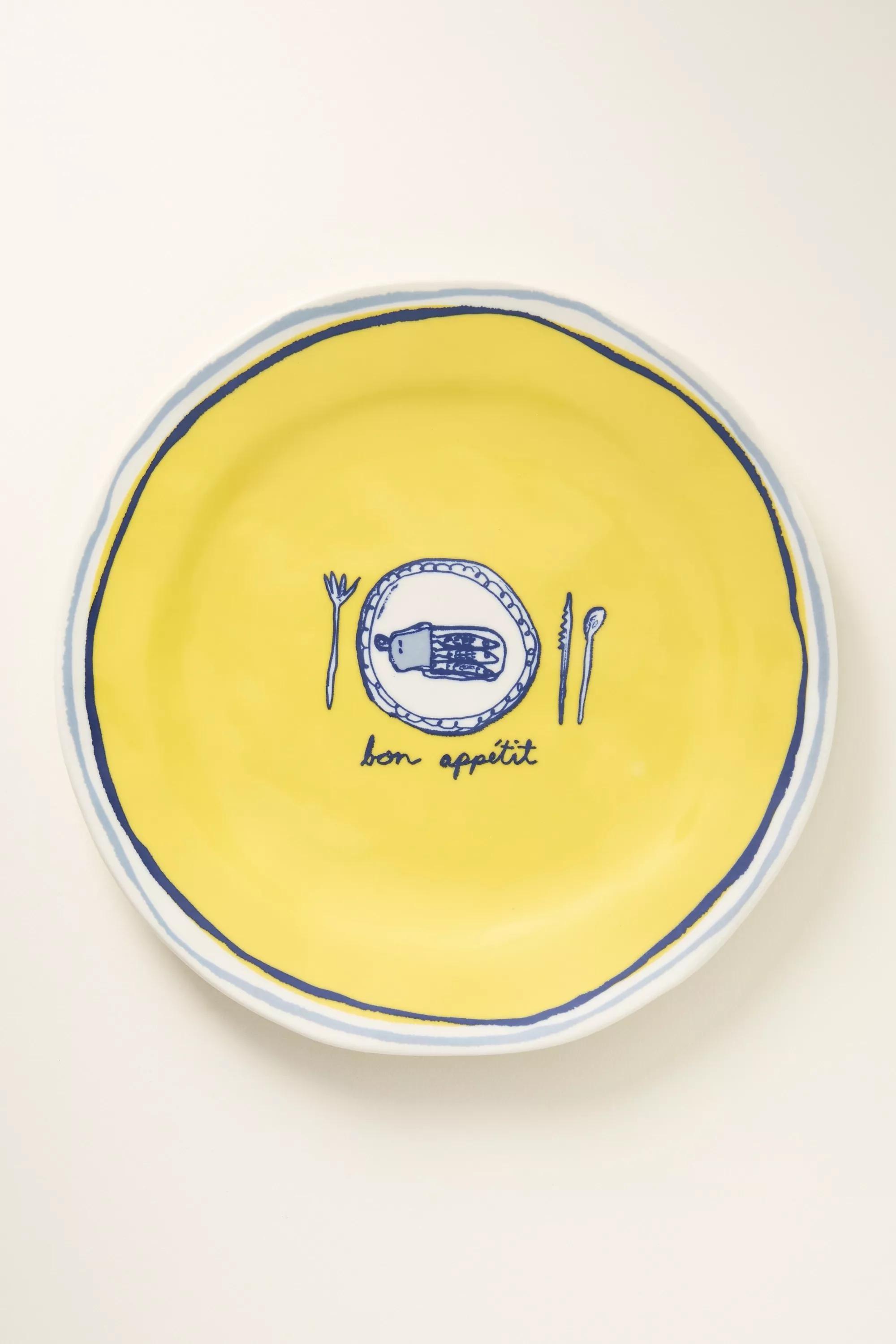 Yellow Pattern Tinned Fish Candle Stoneware Dessert Plate, A501_0079, large image number 1