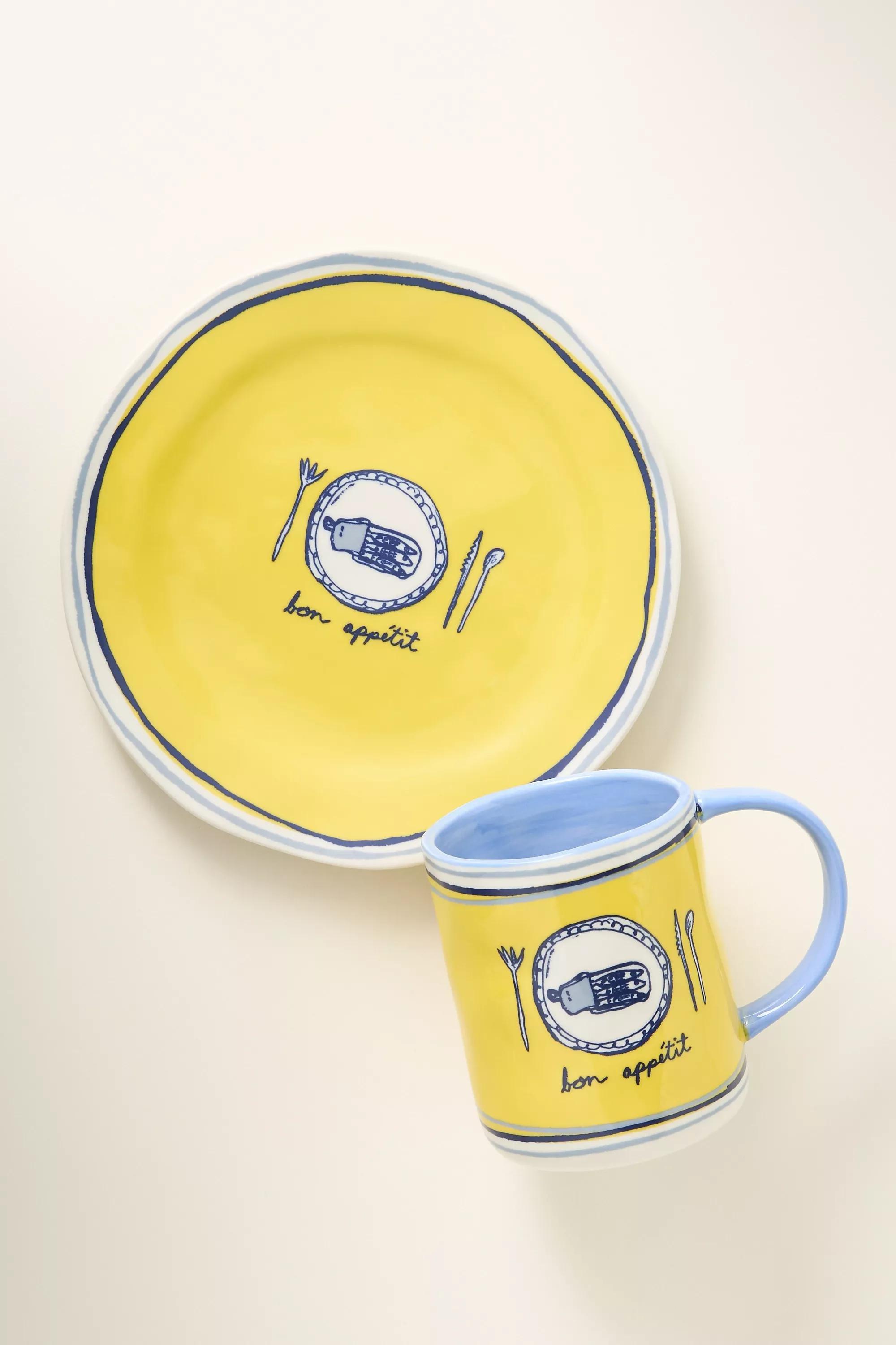Yellow Pattern Tinned Fish Candle Stoneware Dessert Plate, A501_0079, large image number 2