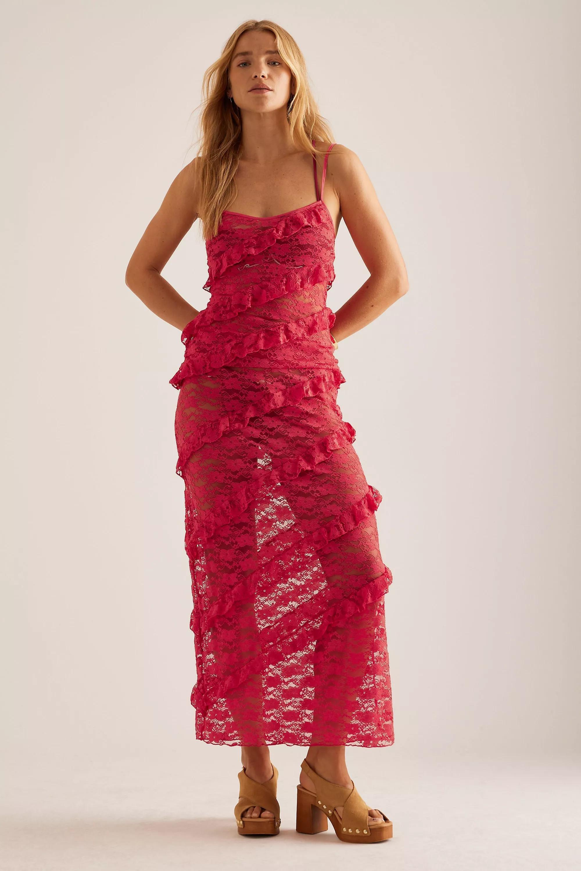Red Wild Lovers Mermaid Ruffle Lace Maxi Skirt, , medium