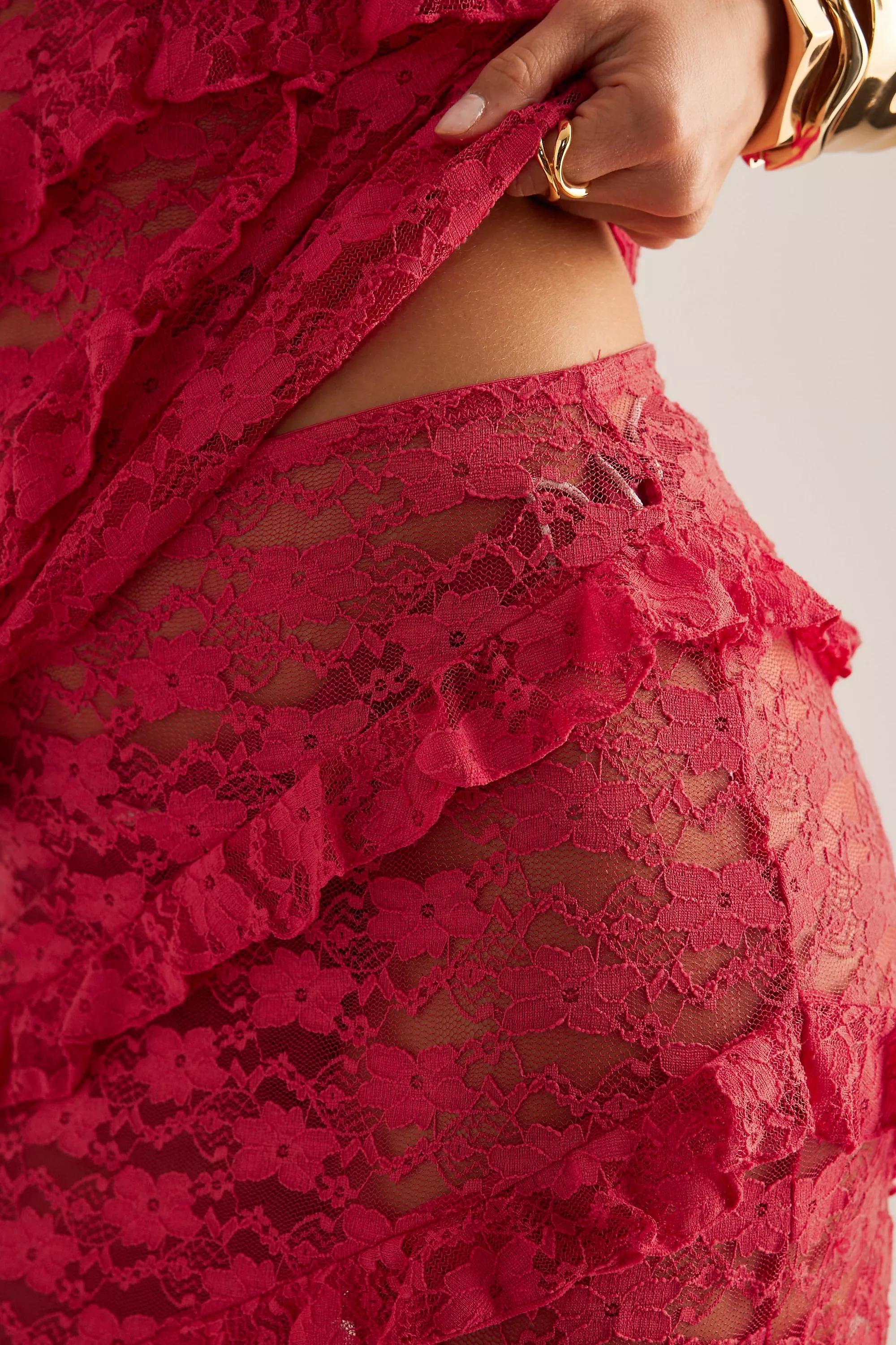 Red Wild Lovers Mermaid Ruffle Lace Maxi Skirt, , large image number 4