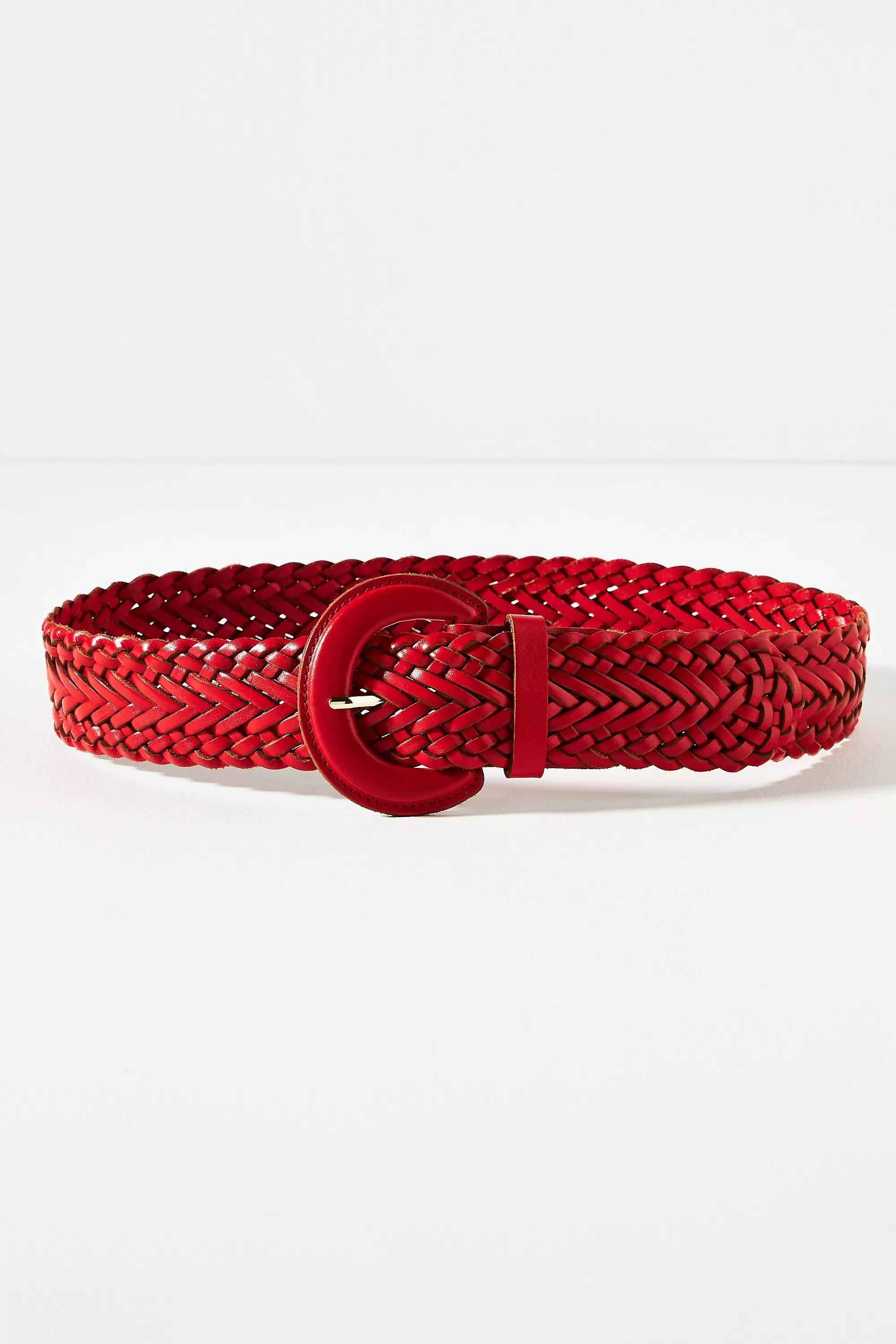Leather Woven Belt, Red, , large image number 0