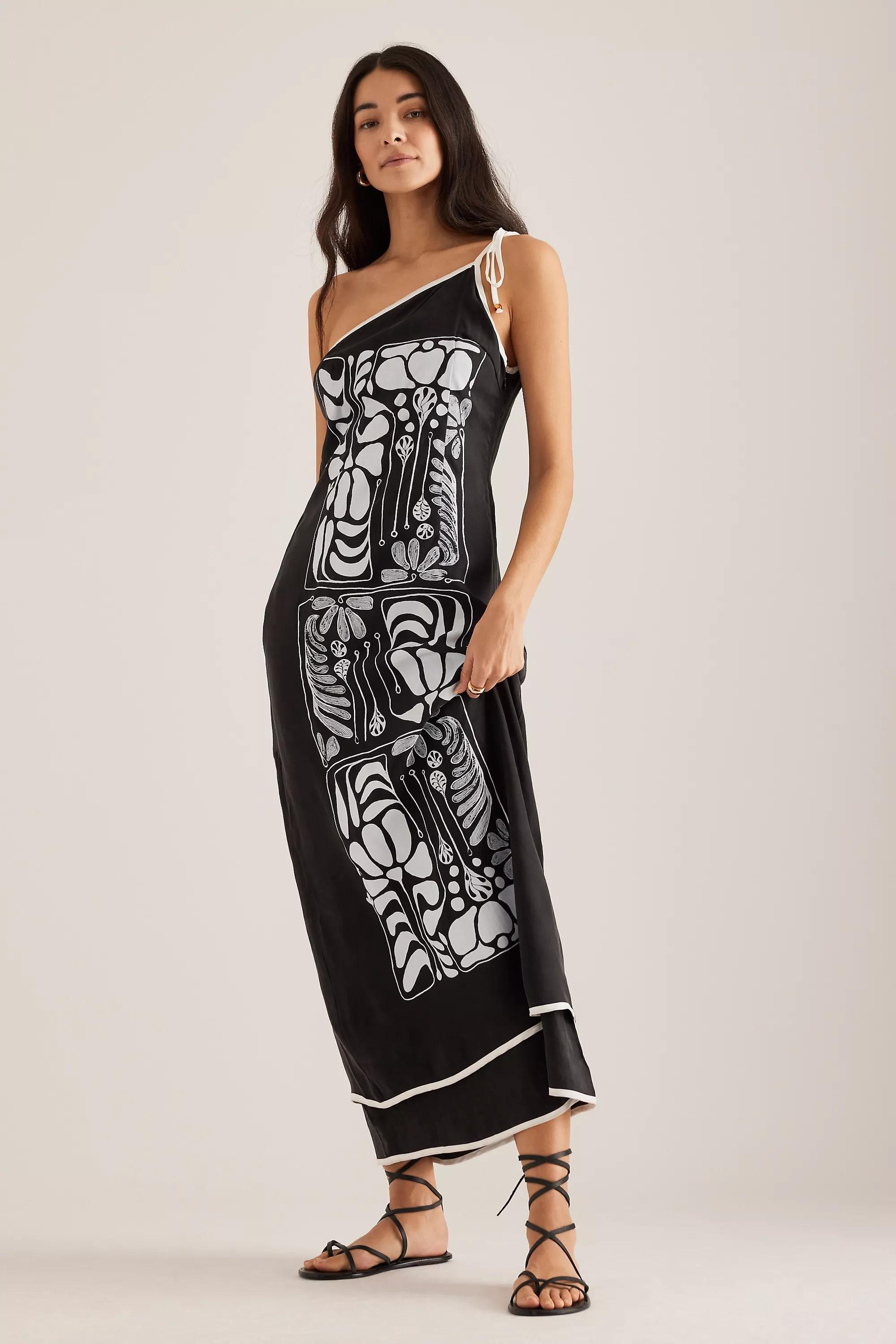Anthropologie Graphic Print Slip Maxi Dress, Black, , large image number 0
