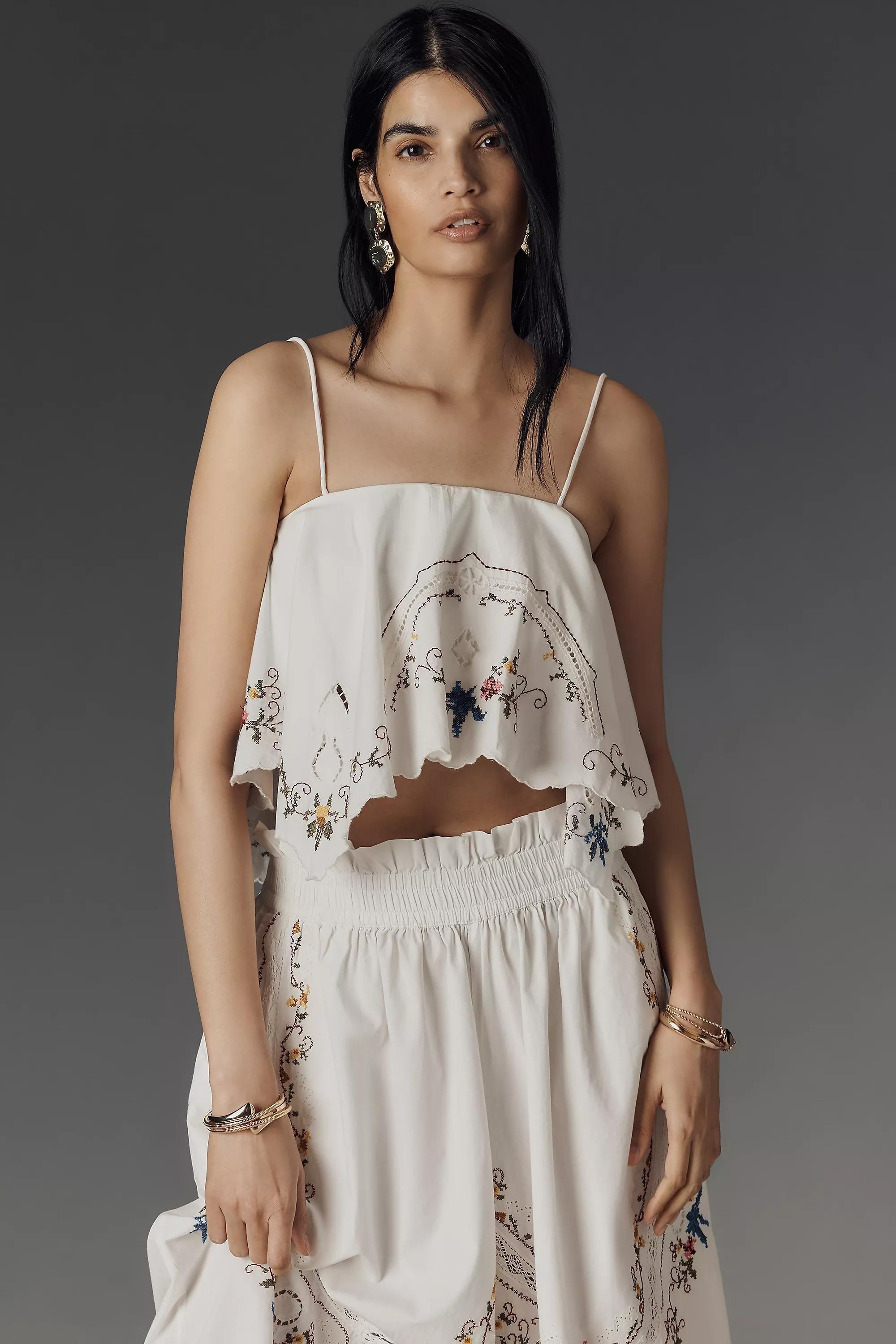 Anthropologie Embroidered Bohemian Cropped Top, White, , large image number 1