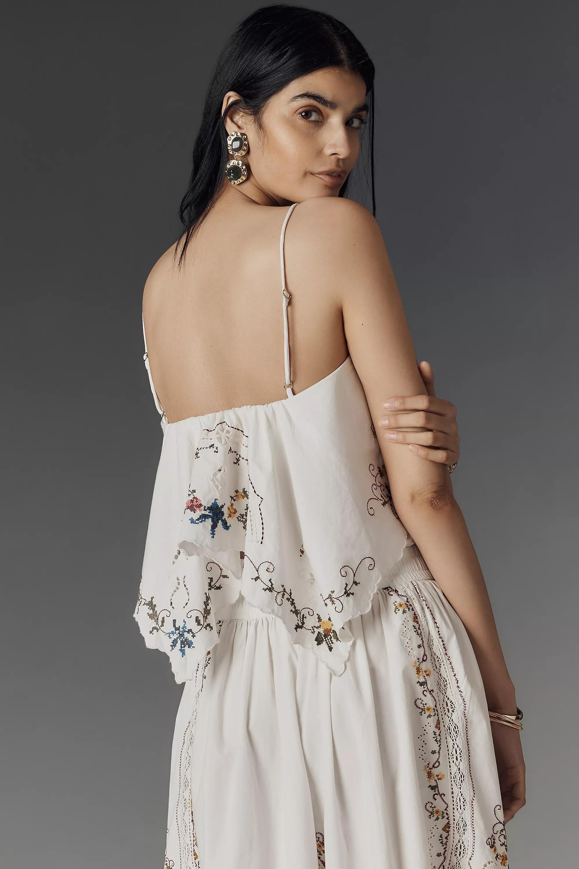 Anthropologie Embroidered Bohemian Cropped Top, White, , large image number 3