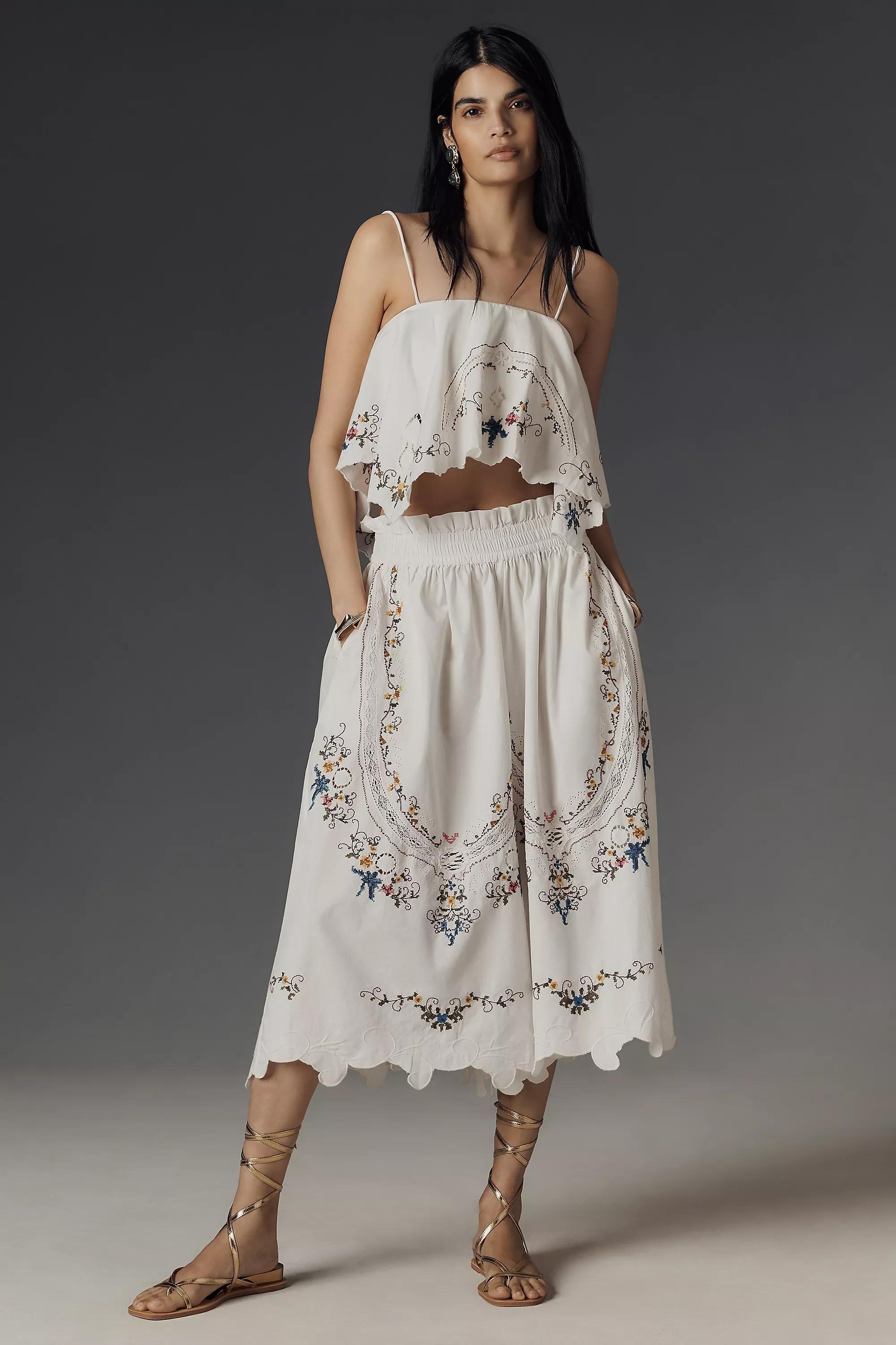 Anthropologie Embroidered Bohemian Cropped Top, White, , large image number 4