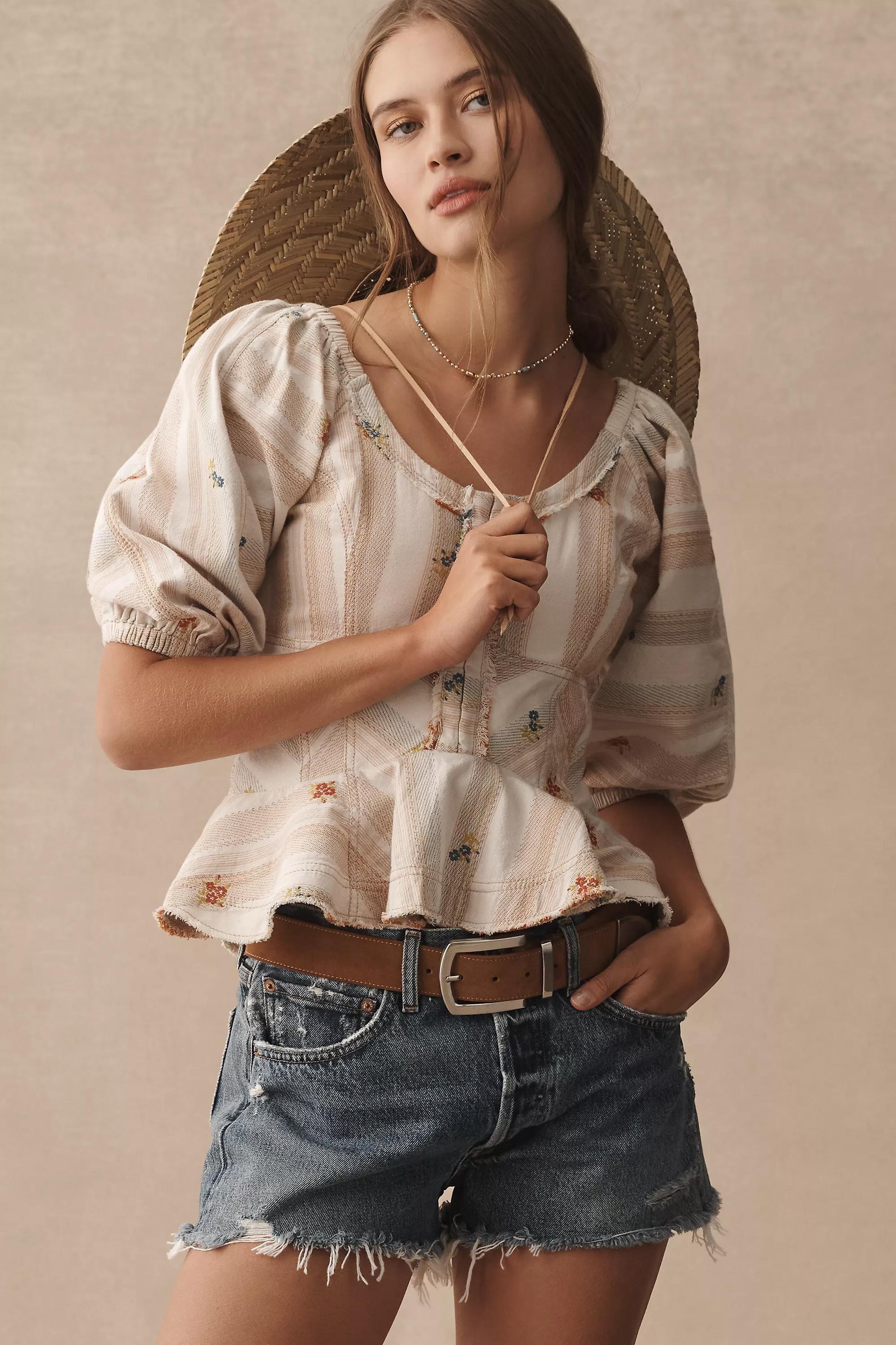Anthropologie Embroidered Peplum Blouse, White, , large image number 0