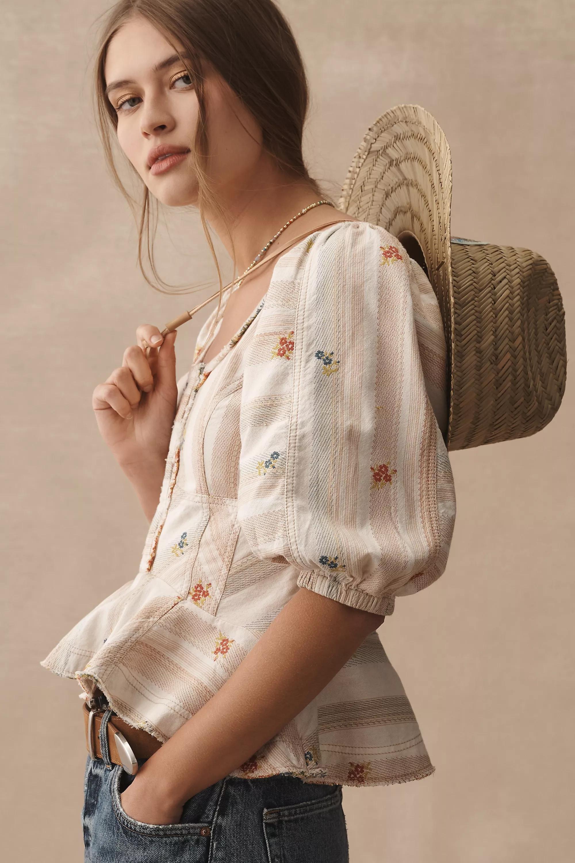 Pilcro Puff-Sleeve Peplum Blouse, White, , large image number 2
