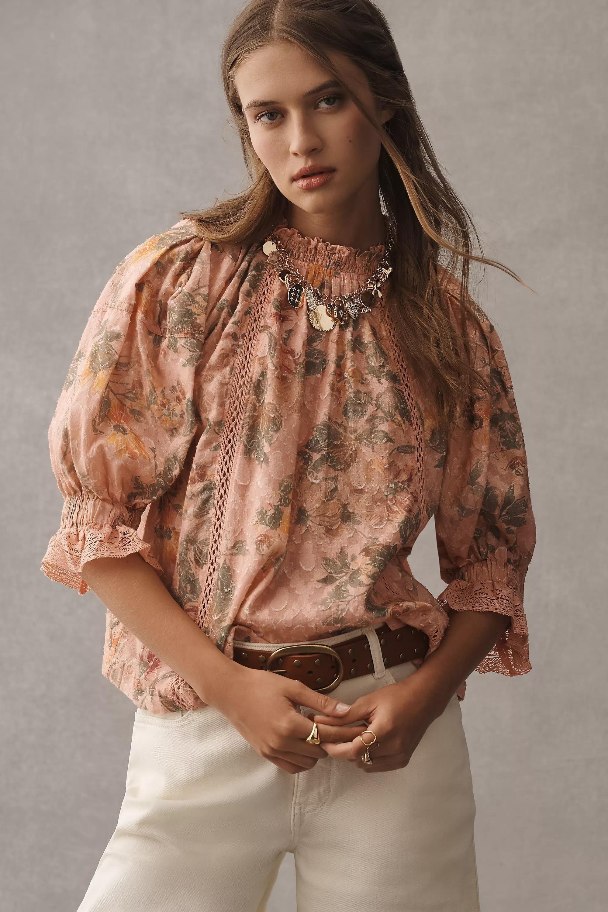 Pilcro Puff-Sleeve High-Neck Blouse, Pink, , large image number 0