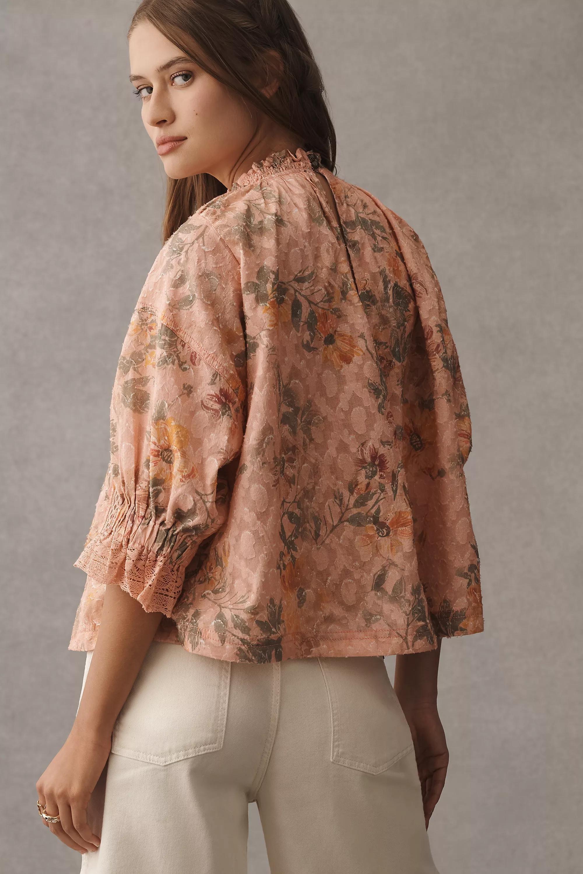 Pilcro Puff-Sleeve High-Neck Blouse, Pink, , large image number 1