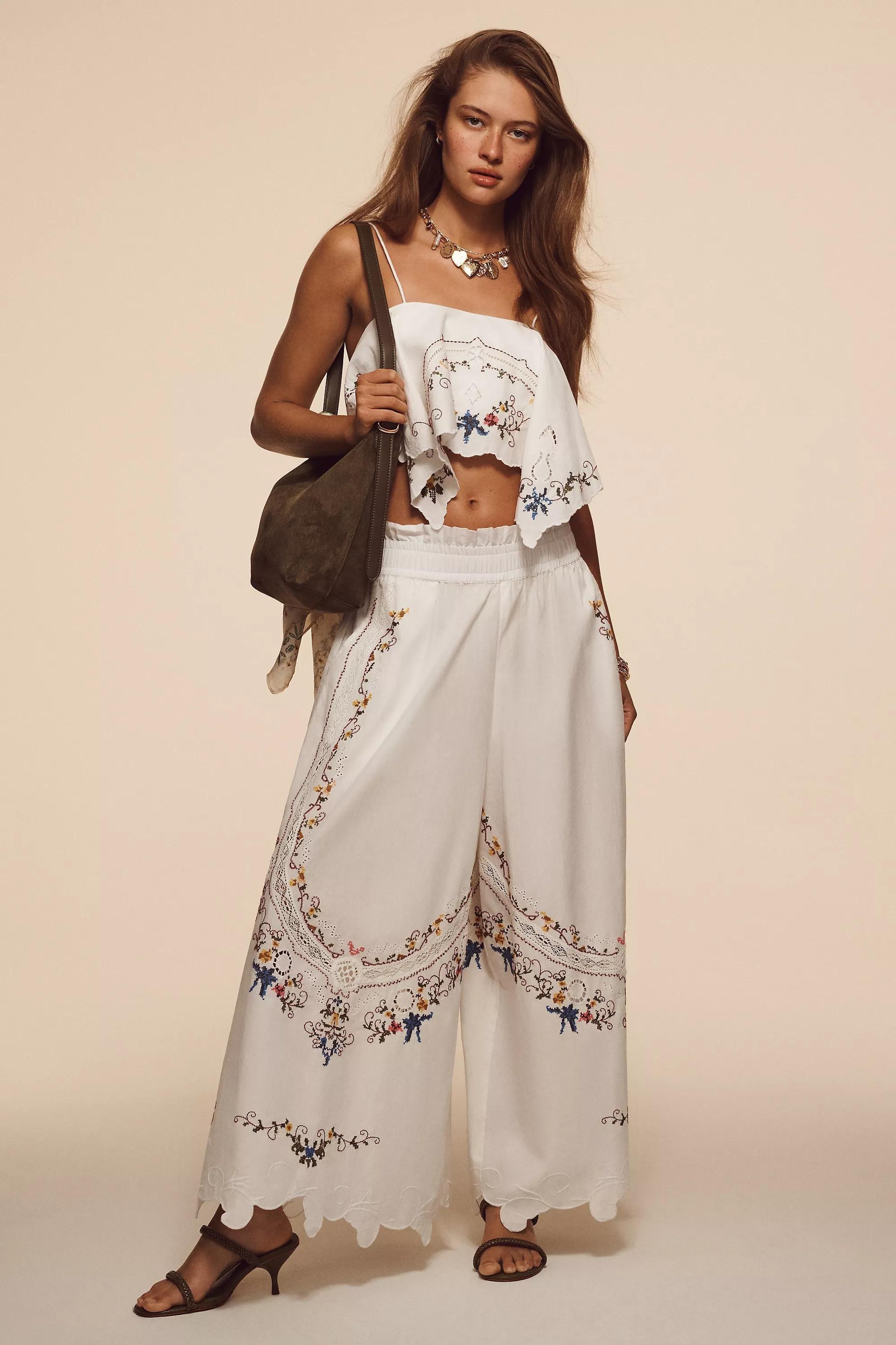 By Anthropologie Patterned Embroidered Culotte, Whie, , large image number 0