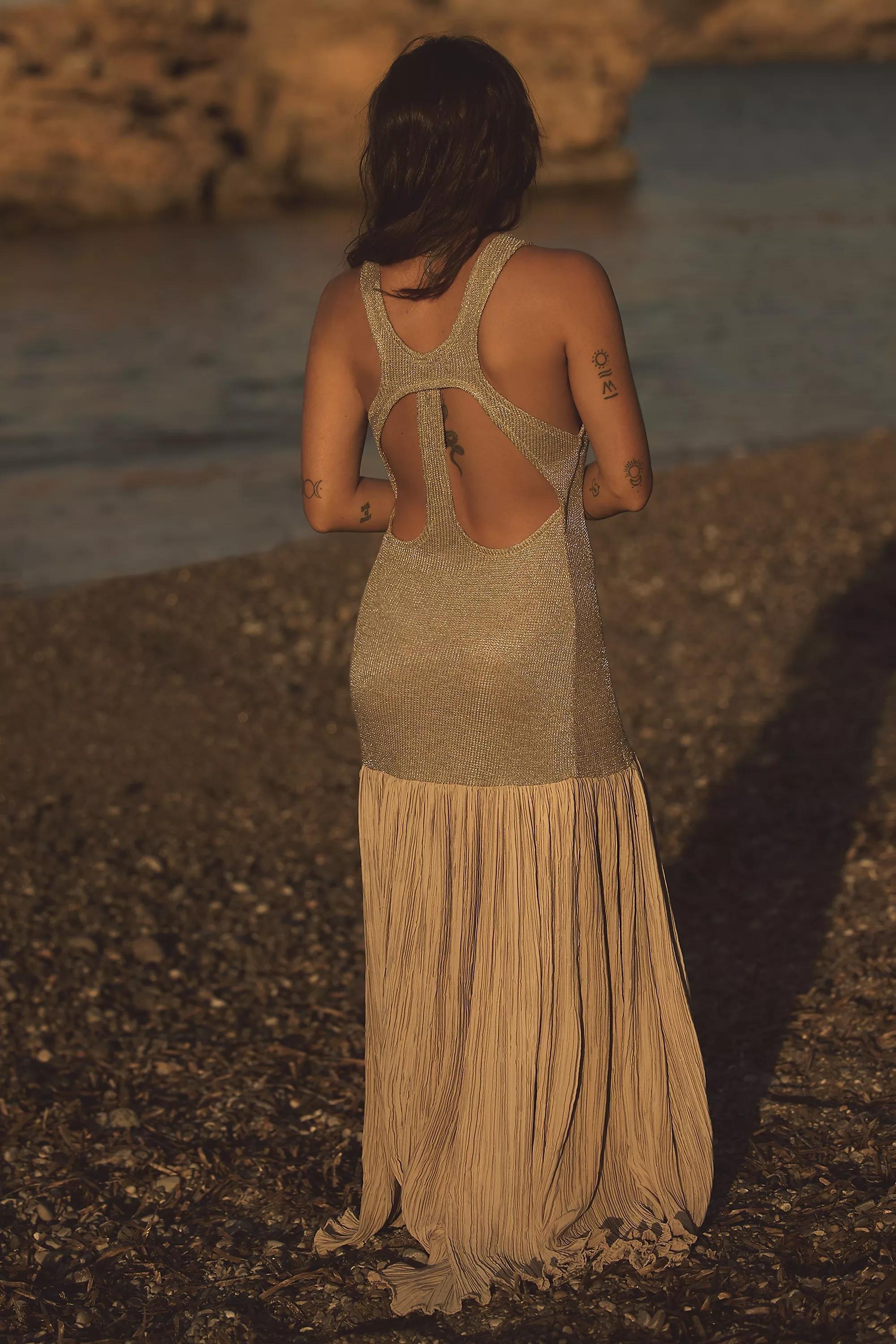 Gold Celandine Metallic-Knit Drop-Waist Maxi Dress, , large image number 3