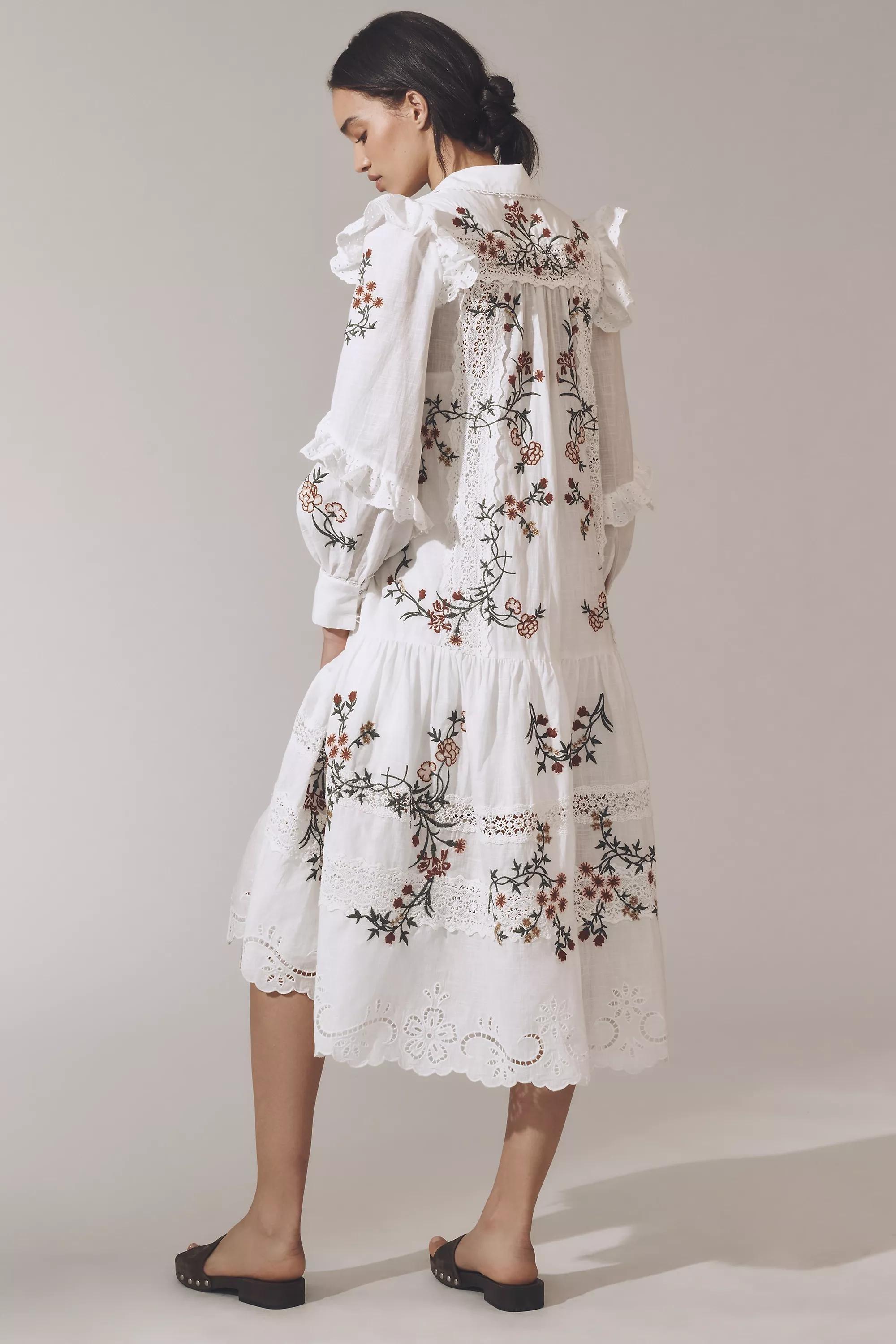 Anthropologie Embroidered Bohemian Mini Dress, White, , large image number 1