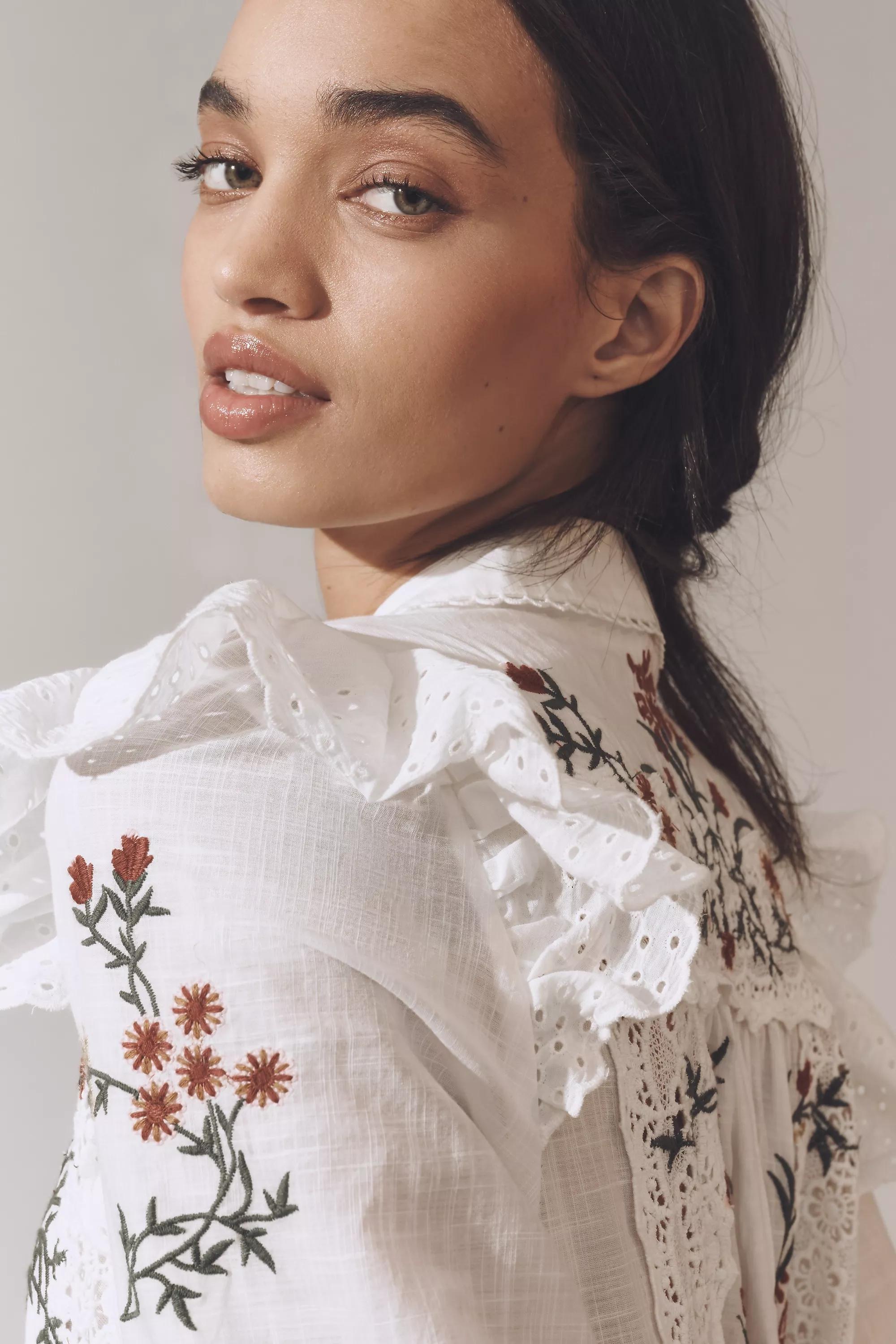 Anthropologie Embroidered Bohemian Mini Dress, White, , large image number 3