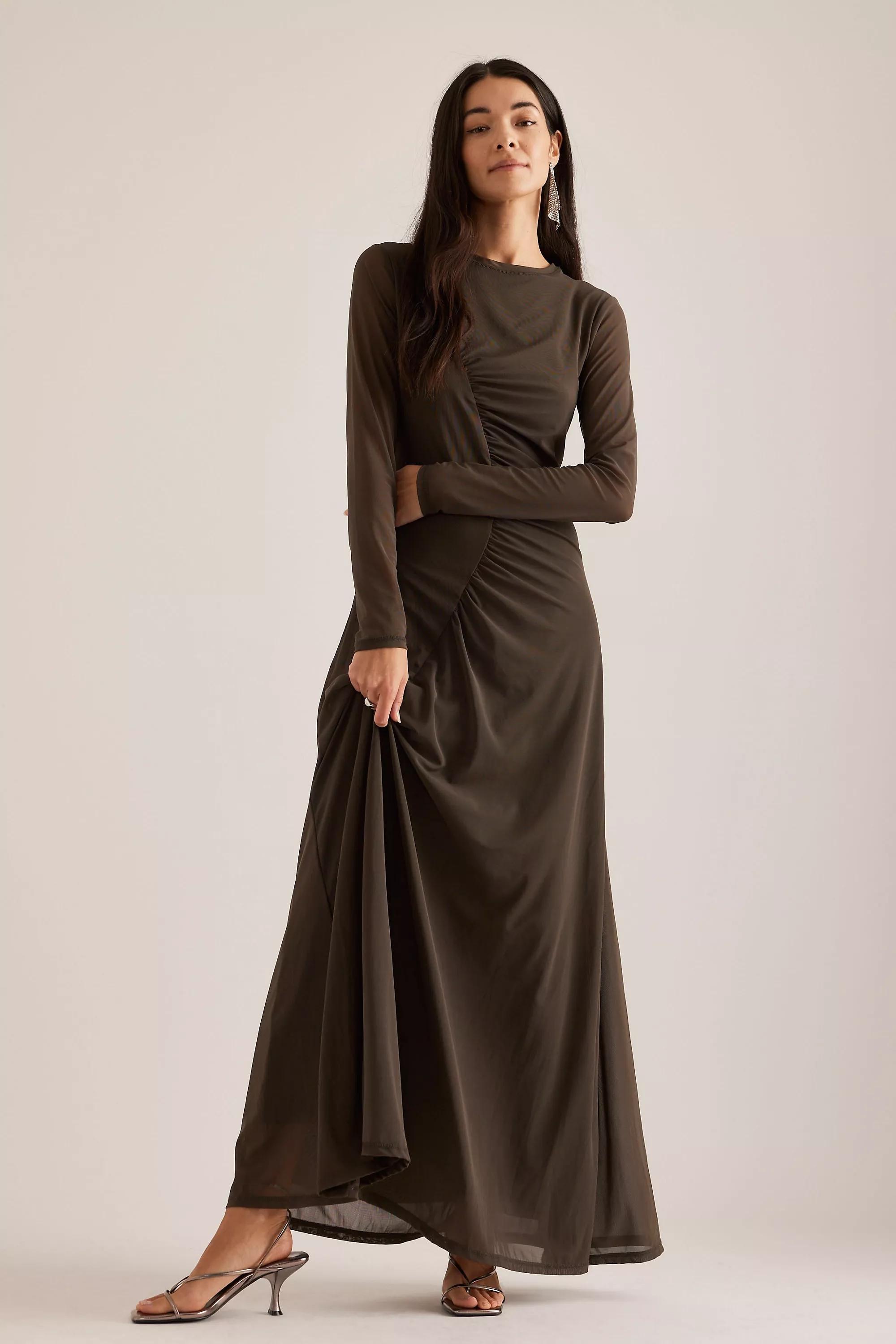 Brown Ruched Mesh Maxi Dress, , large image number 0