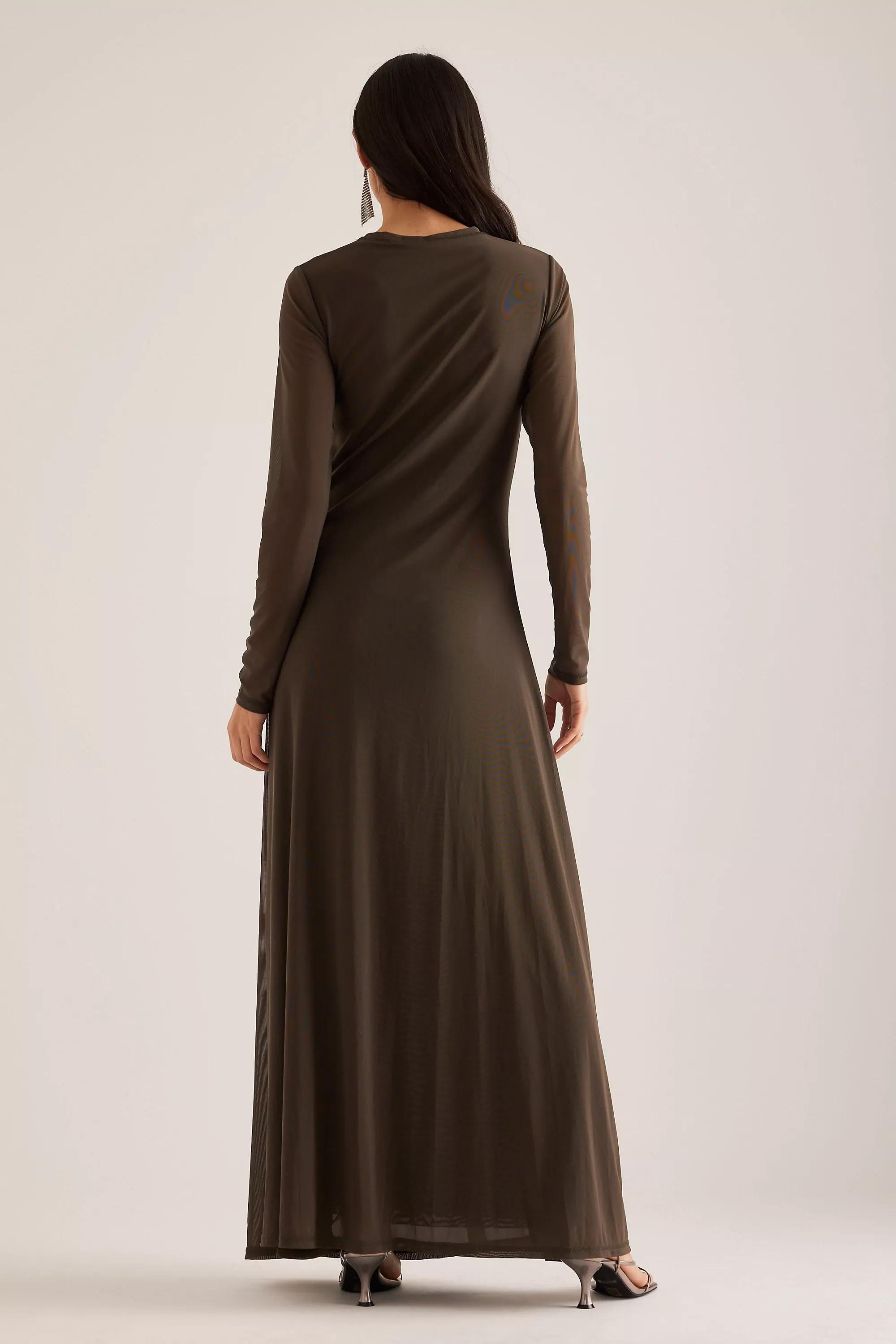 Brown Ruched Mesh Maxi Dress, , large image number 1