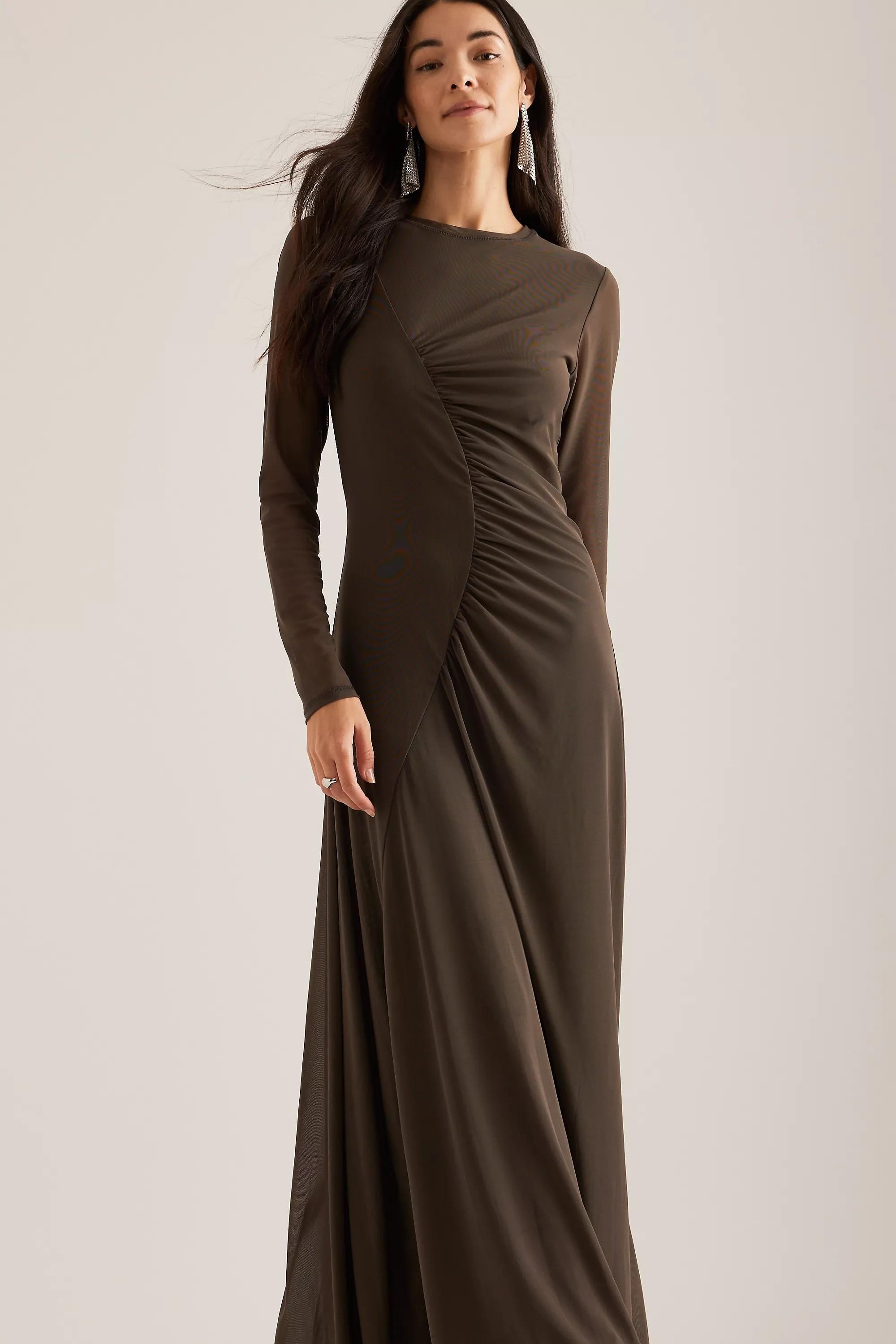 Brown Ruched Mesh Maxi Dress, , large image number 2