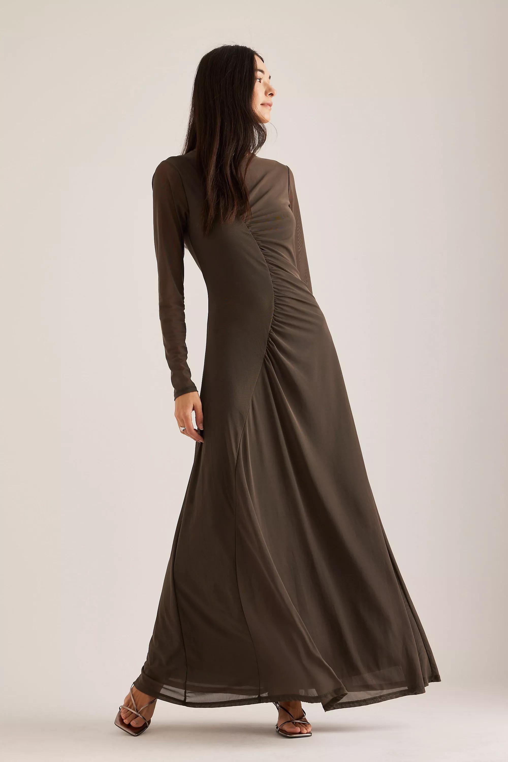Brown Ruched Mesh Maxi Dress, , large image number 3