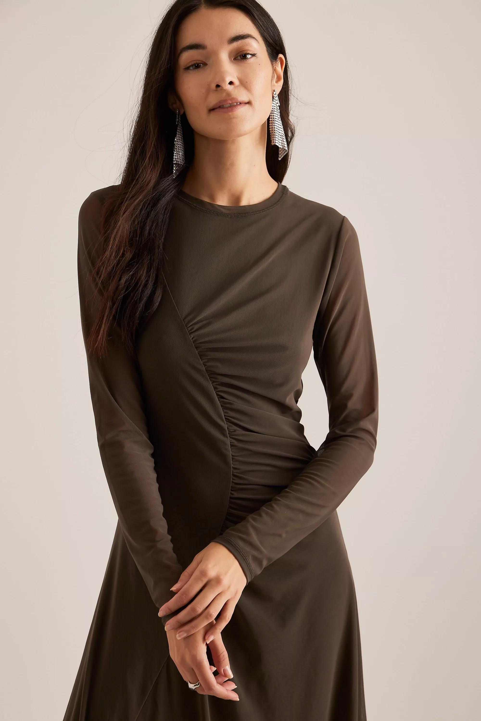 Brown Ruched Mesh Maxi Dress, , large image number 4