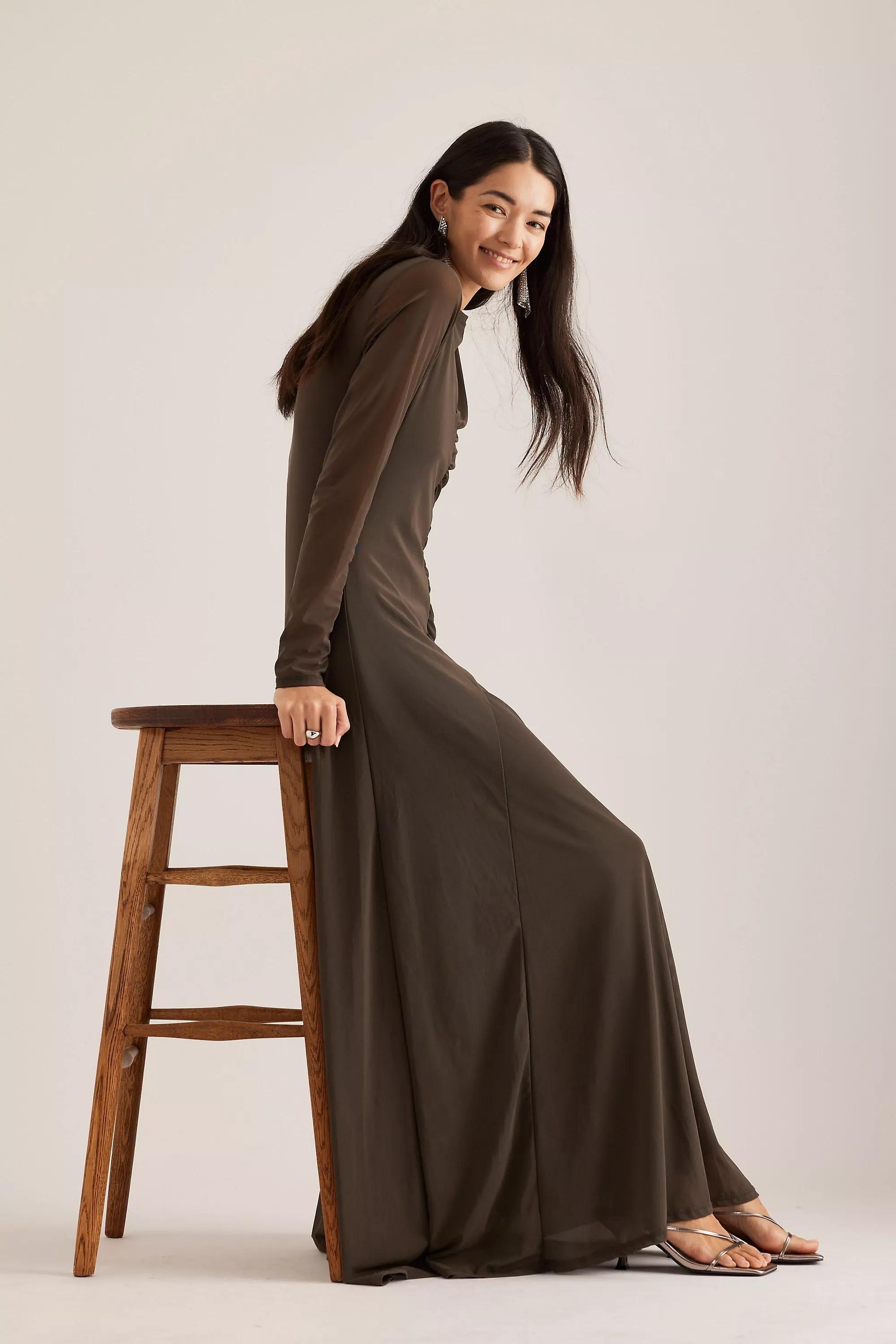 Brown Ruched Mesh Maxi Dress, , large image number 5