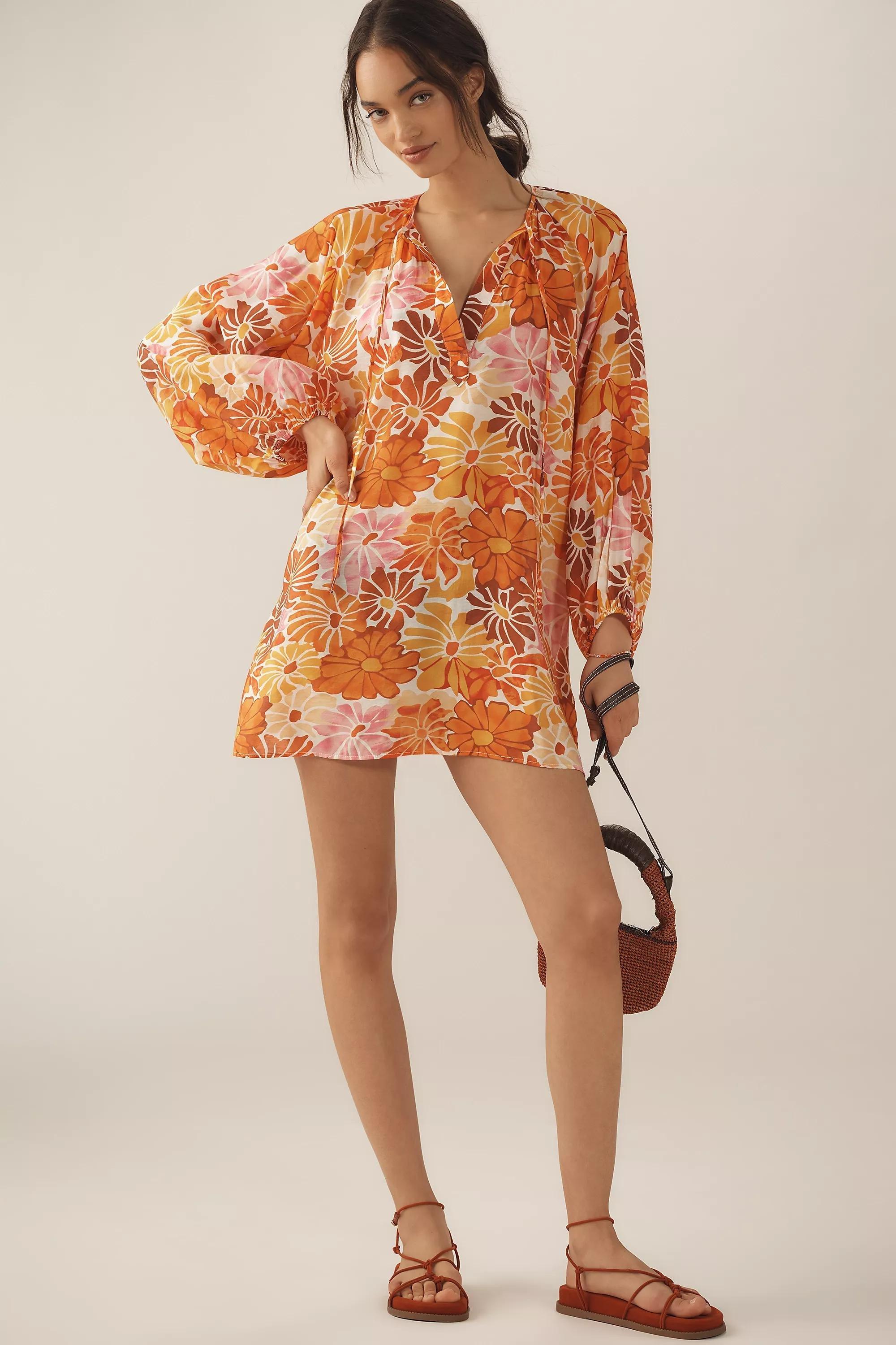 Pink Maeve Tie-Neck Printed Mini Kaftan, , medium