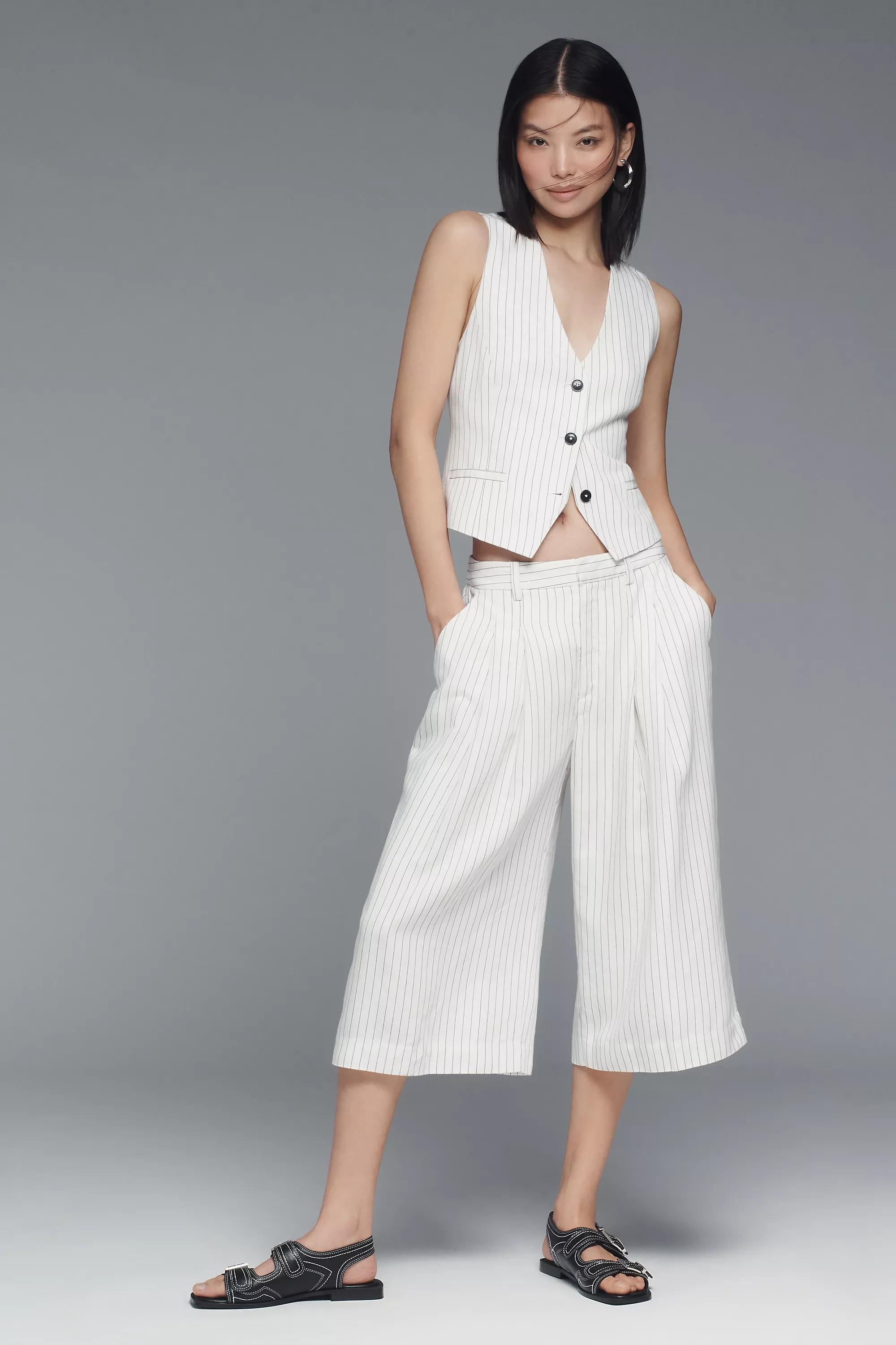 The Avery Pleated Wide-Leg Trousers By Maeve, White , Beige, medium