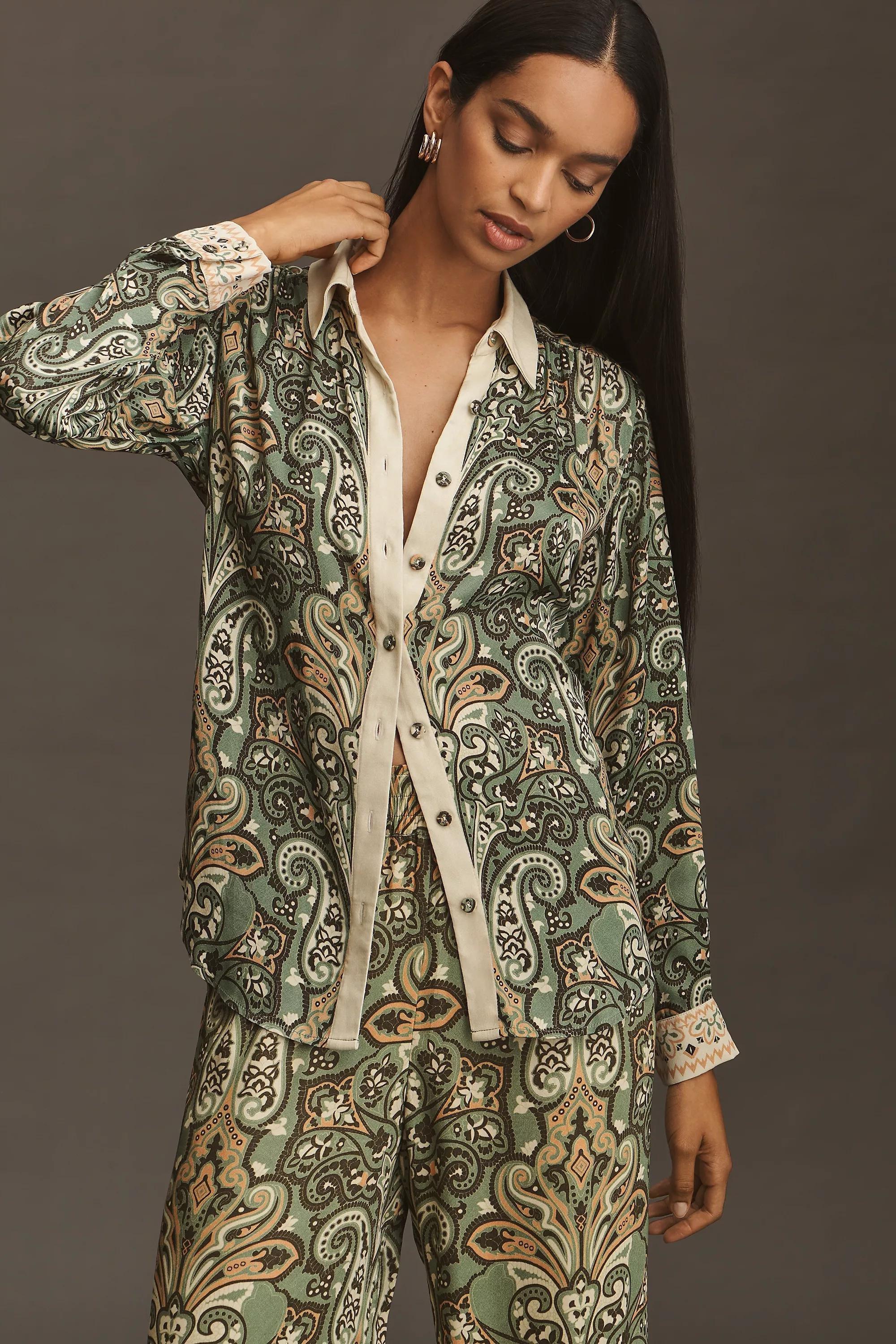 Long-Sleeve Collared Blouse, Green, A501_0038, medium