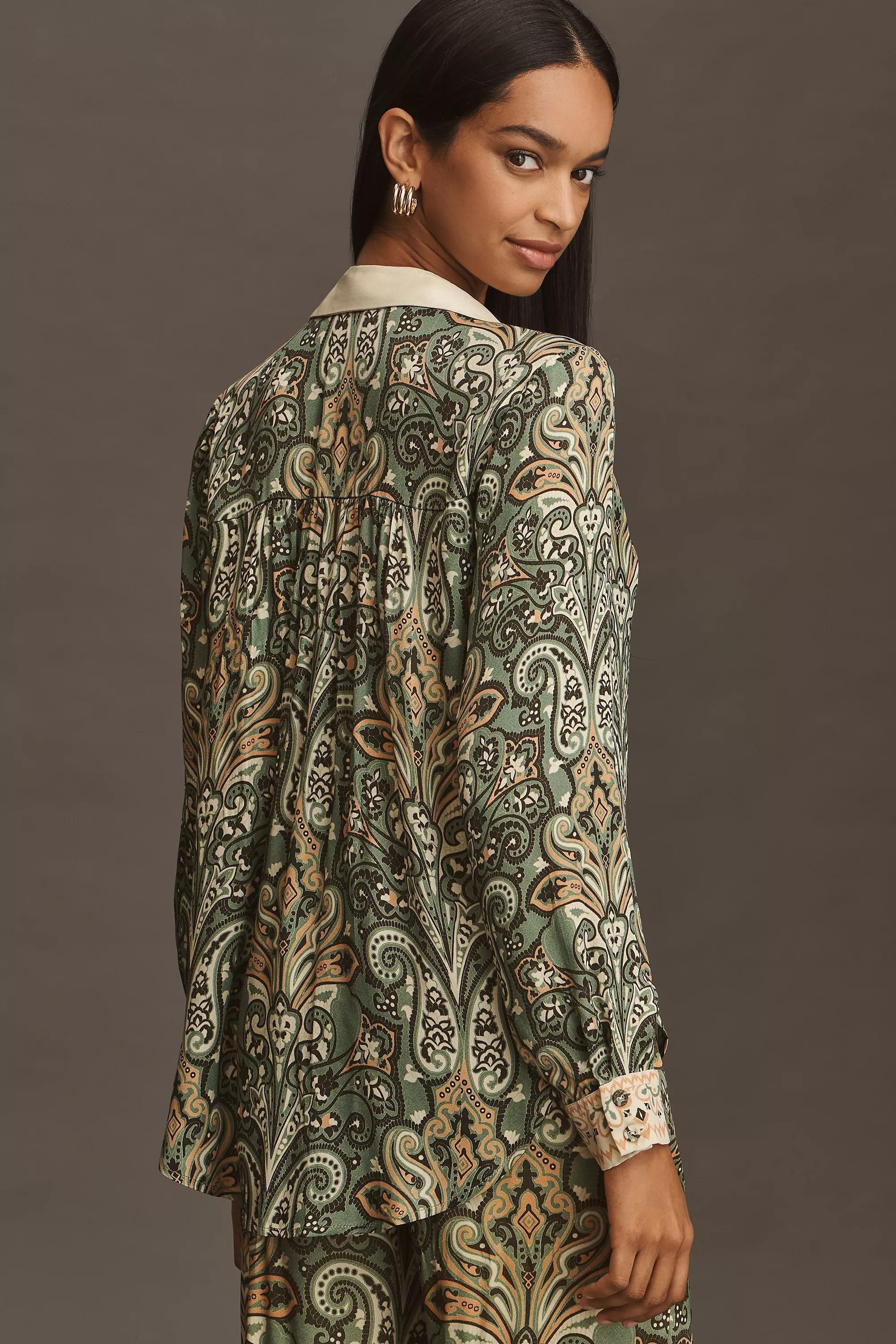 Long-Sleeve Collared Blouse, Green, A501_0038, large image number 1