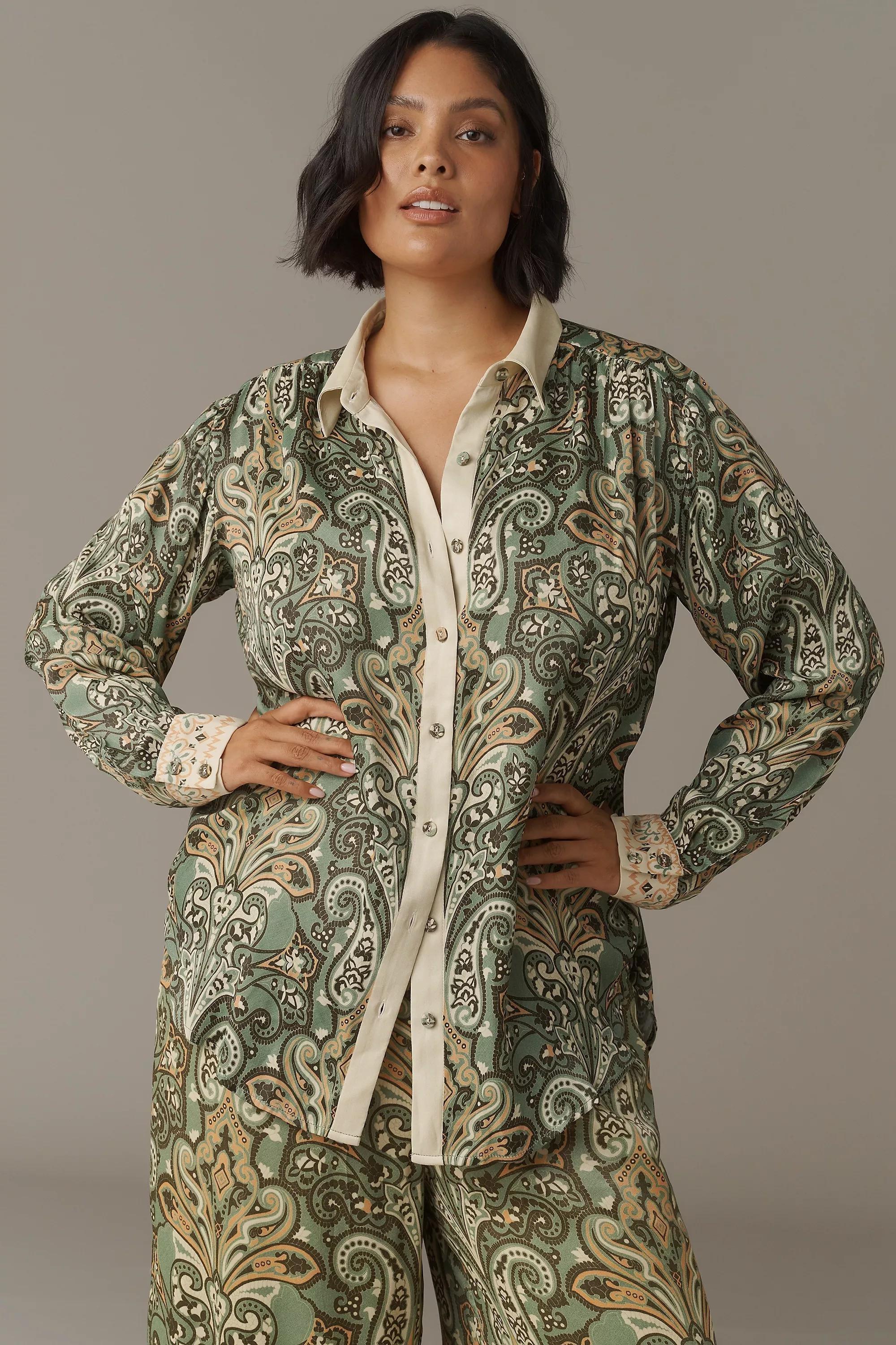 Long-Sleeve Collared Blouse, Green, A501_0038, large image number 3