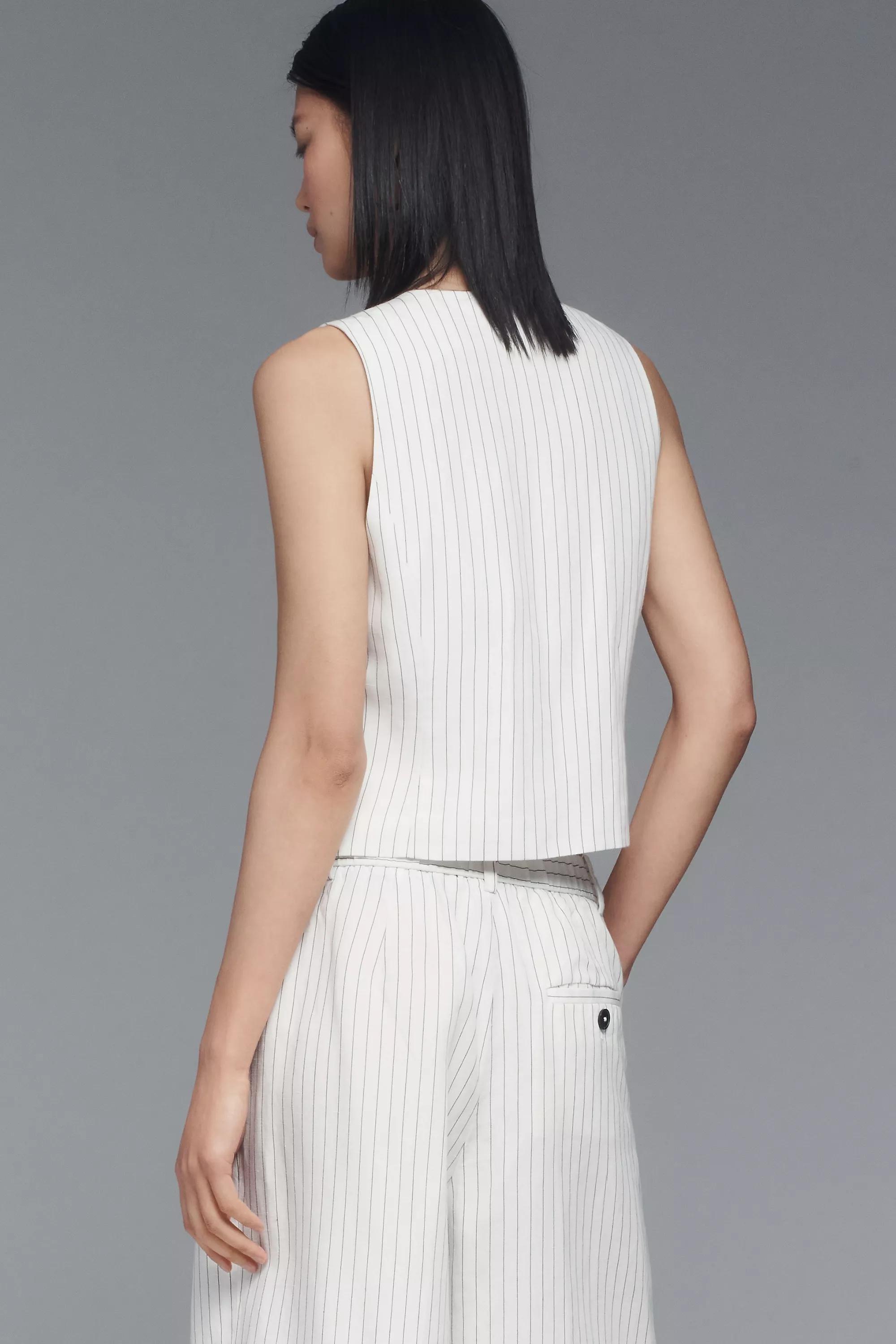 Pattern Maeve V-Neck Button-Front Linen-Blend Vest, White, , large image number 1