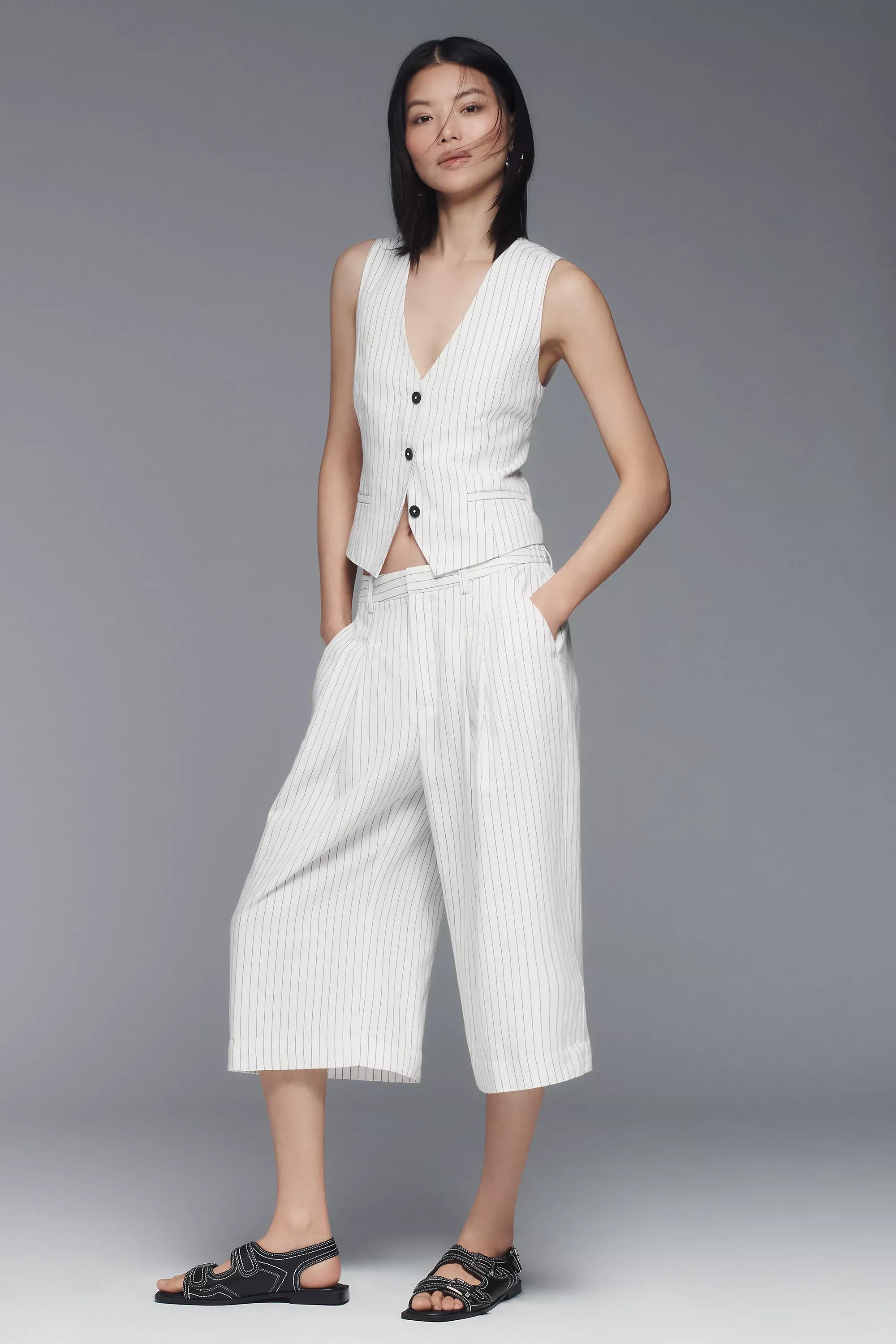 Pattern Maeve V-Neck Button-Front Linen-Blend Vest, White, , large image number 2