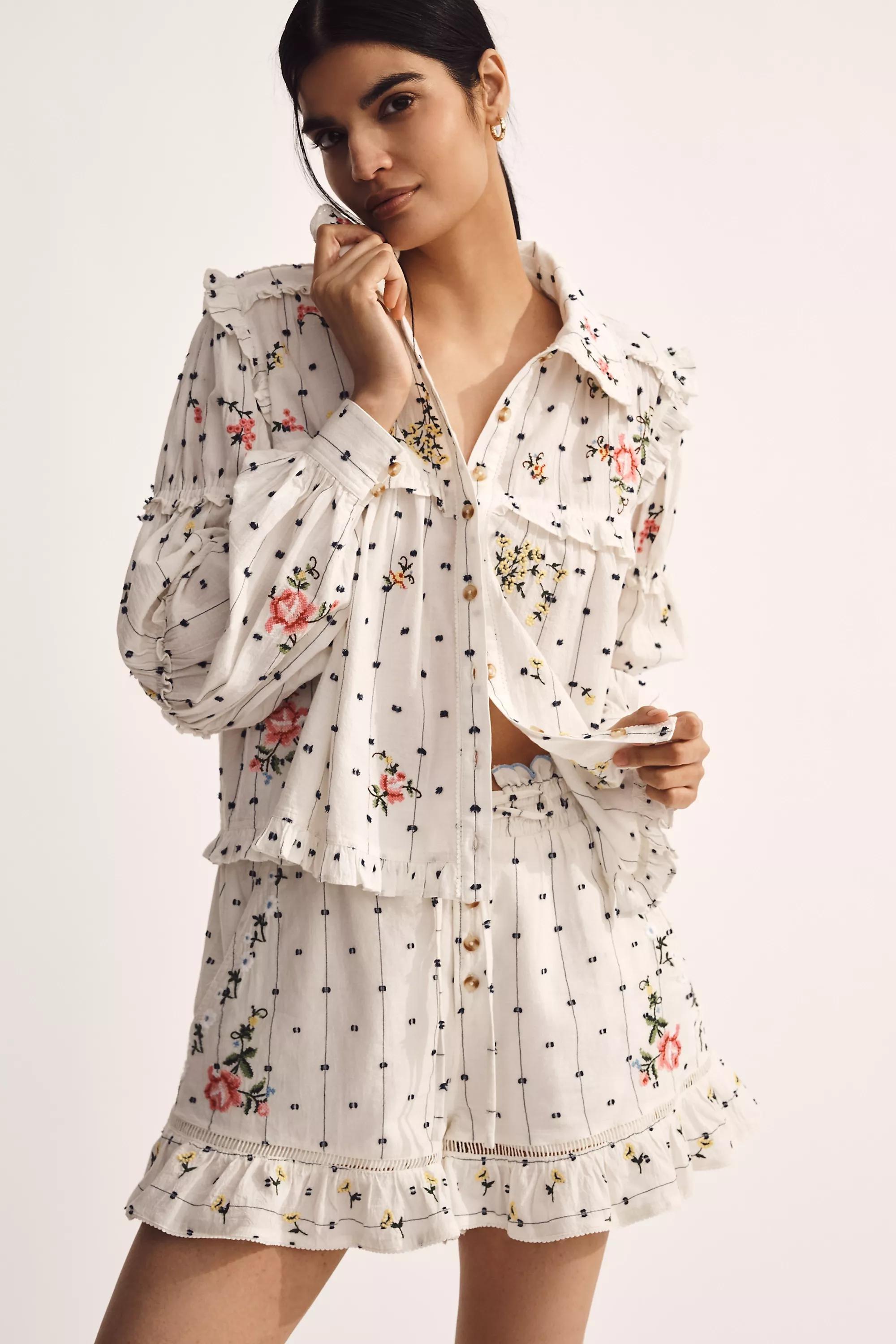 Anthropologie Floral Blouse, Cream, , medium