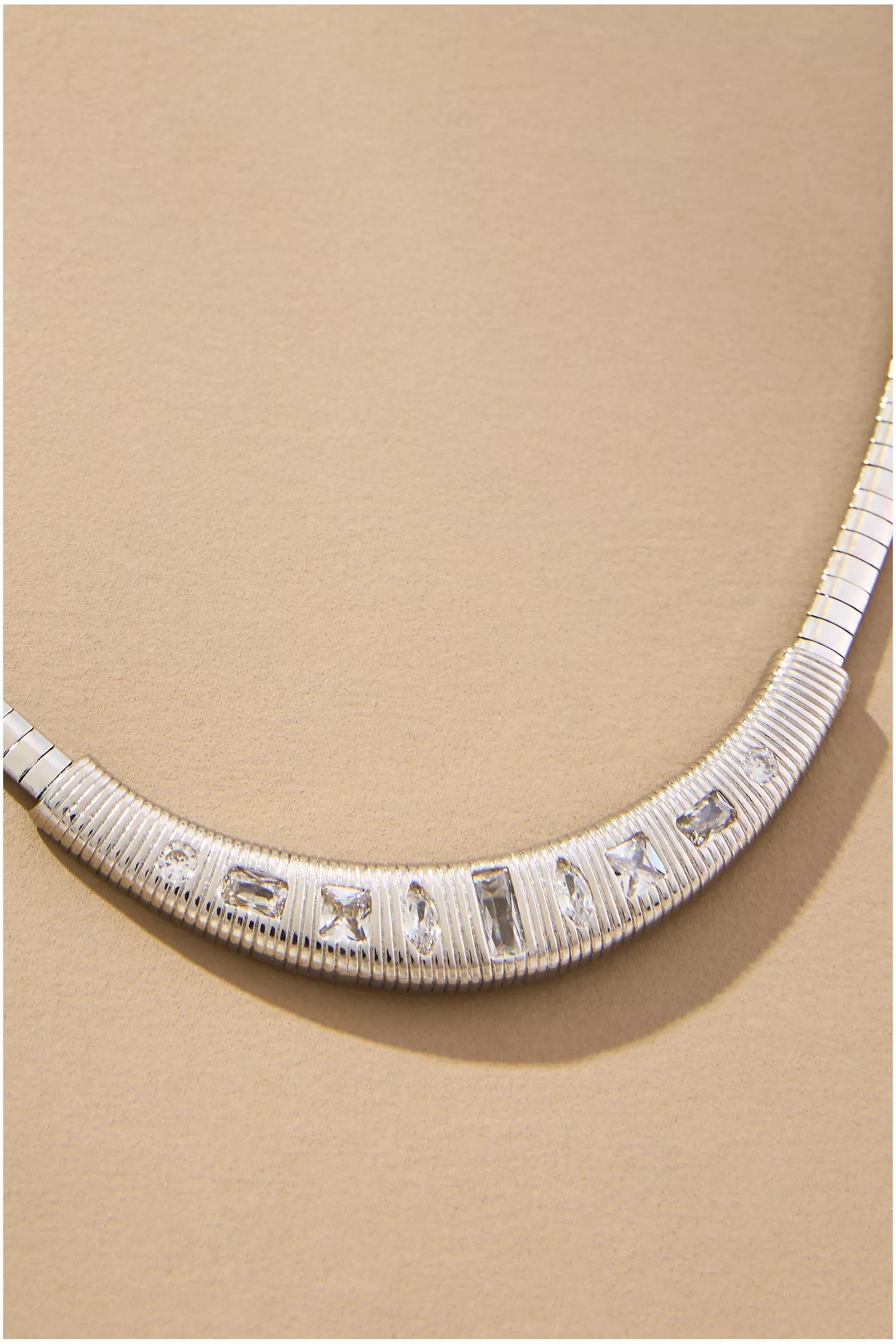 Crystal Ribbed Snake Chain Collar Necklace, Silver, A501_0007, large image number 1