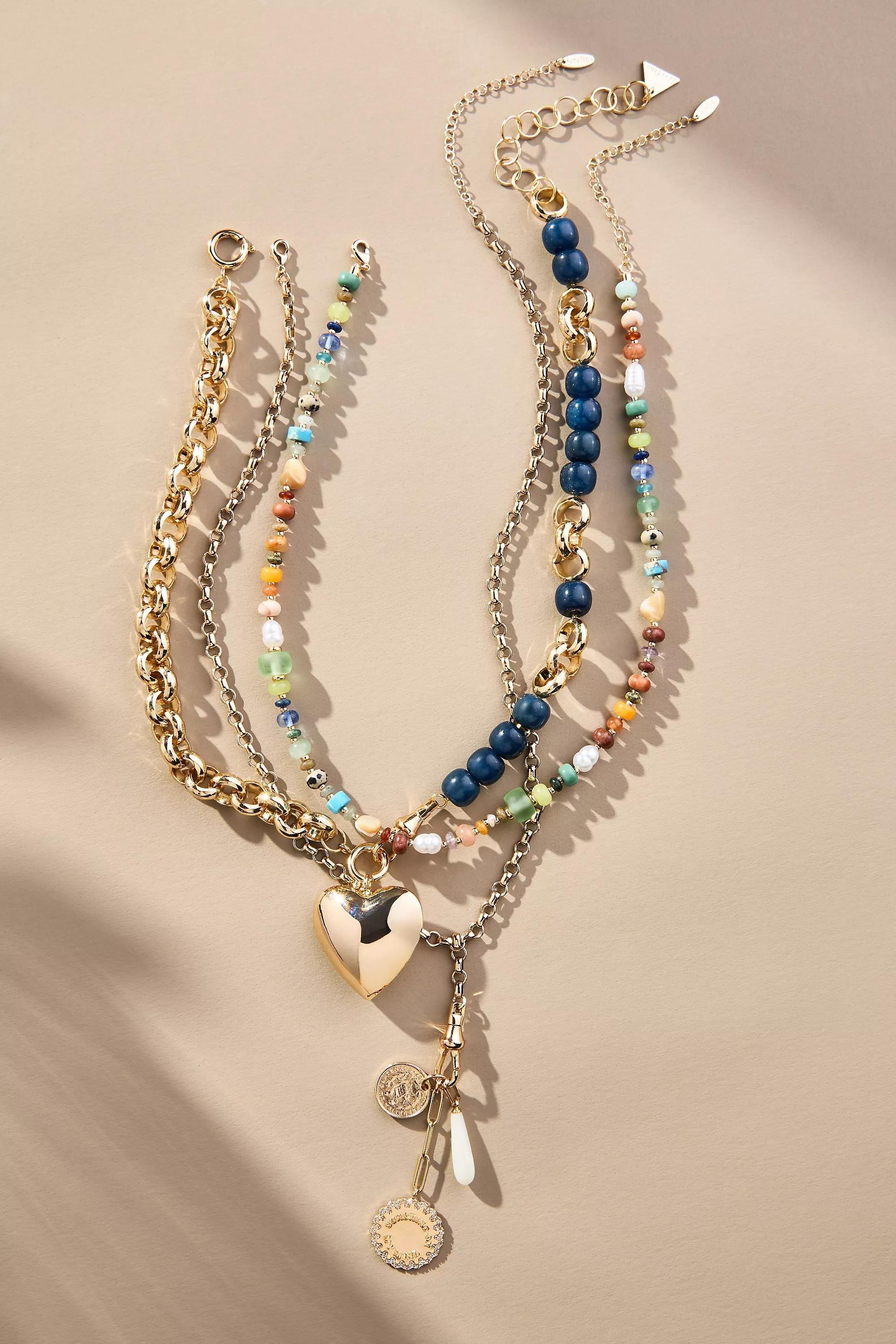 14K Gold-Plated Shades Of Sea Layered Necklaces, Set Of 3, Navy, A501_0041, large image number 0