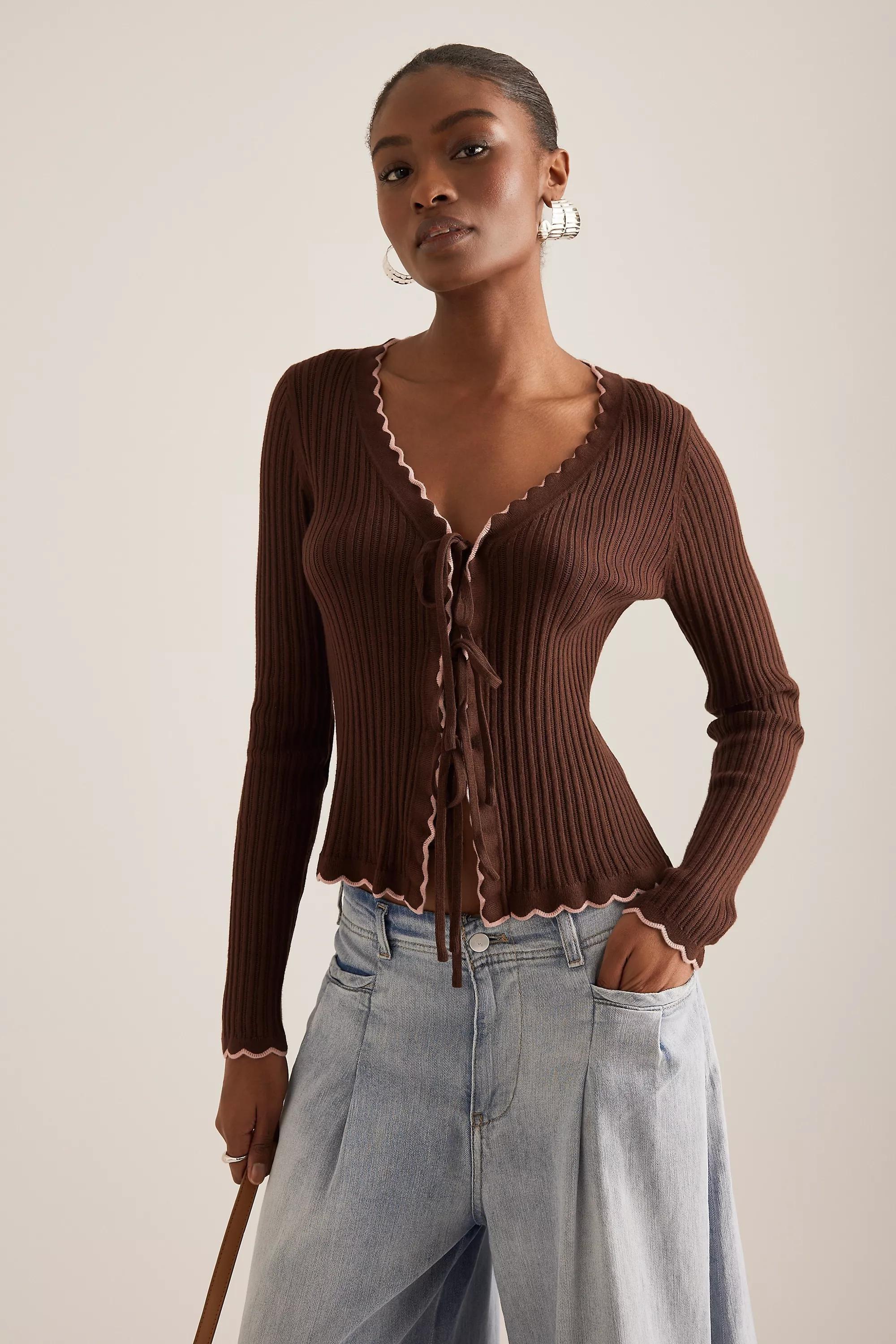 By Maeve Sofia Scallop Tie-Front Cardigan, Brown, , large image number 0