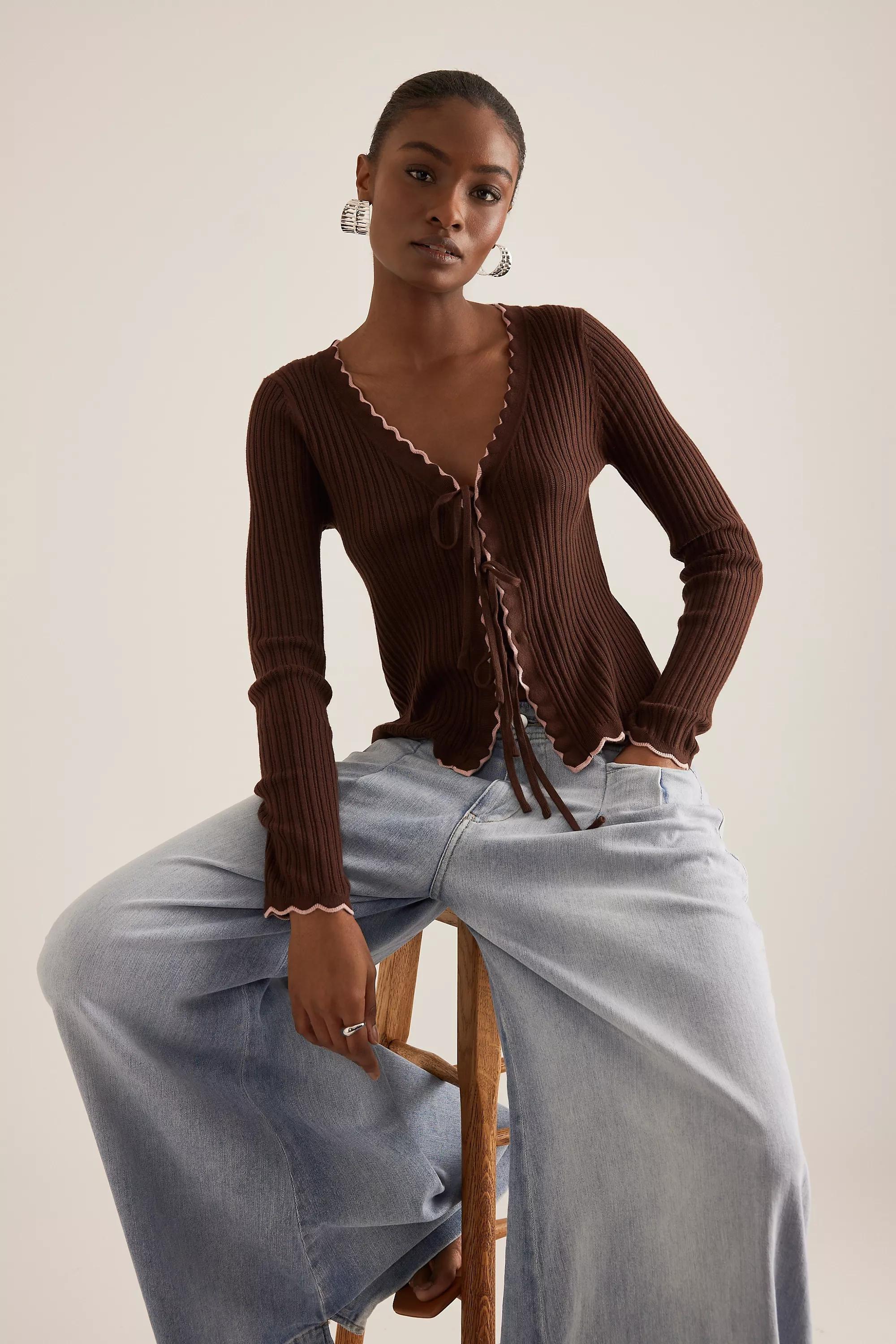 By Maeve Sofia Scallop Tie-Front Cardigan, Brown, , large image number 4