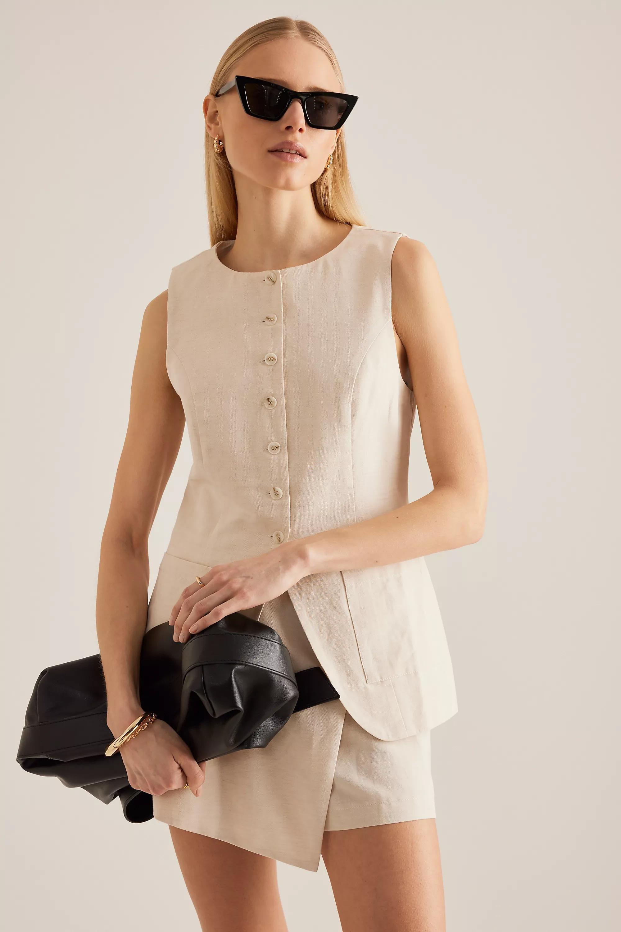 Linen-Blend Longline Waistcoat, White, , large image number 2