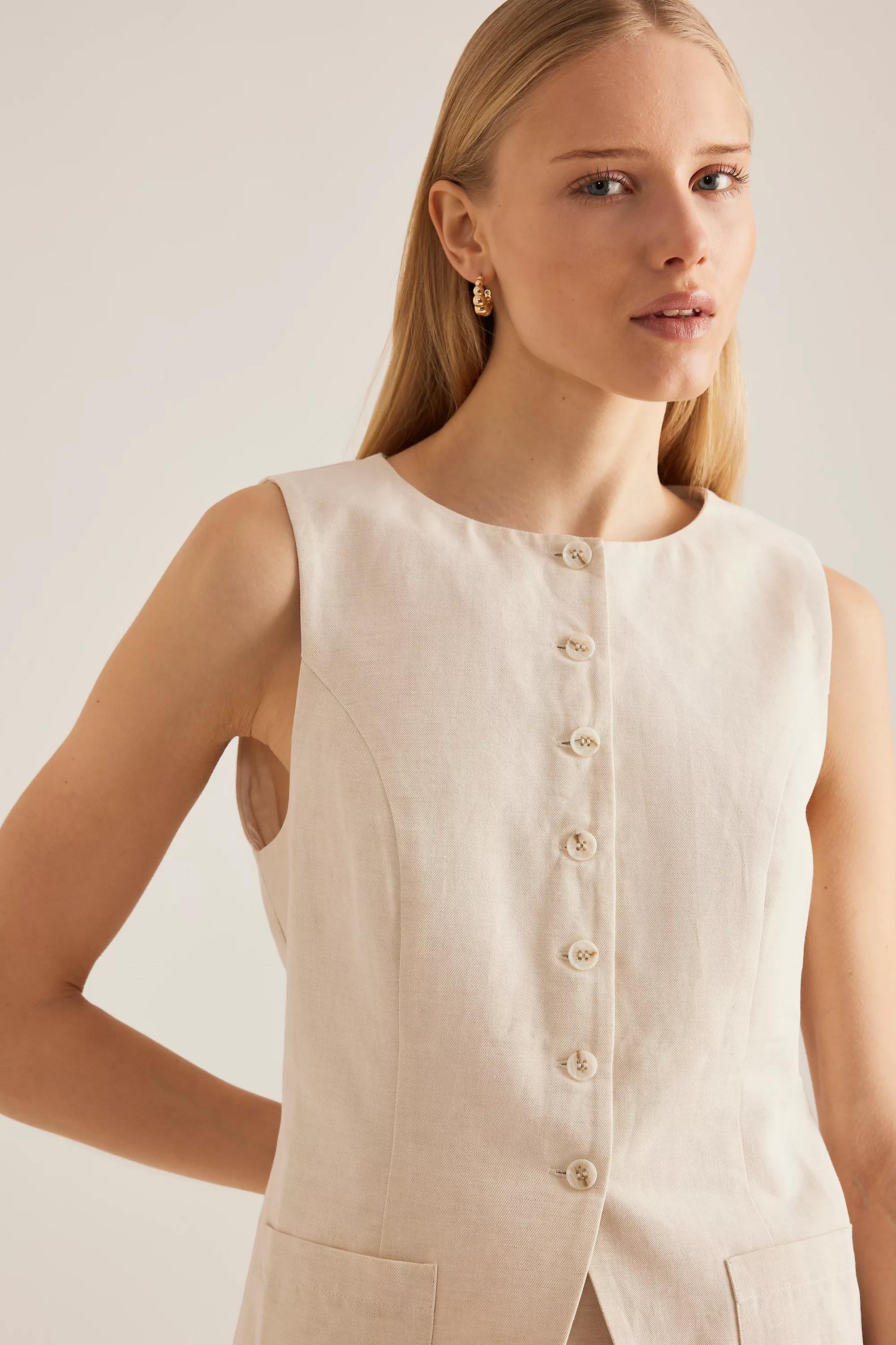 Linen-Blend Longline Waistcoat, White, , large image number 3