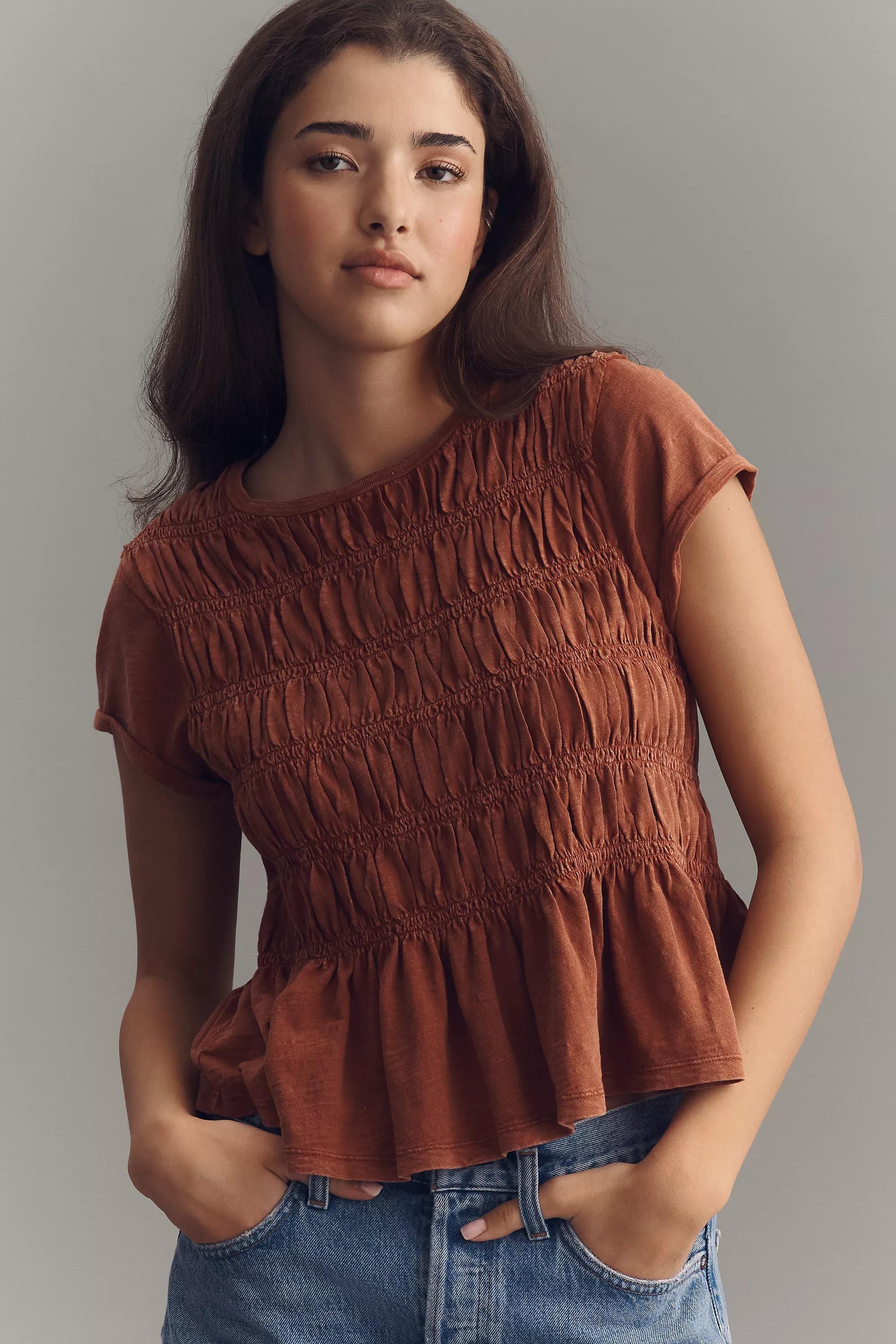 Pilcro Garment Dye Ruched Crew-Neck Cap-Sleeve T-Shirt, Terra Cotta, Orange, large image number 0
