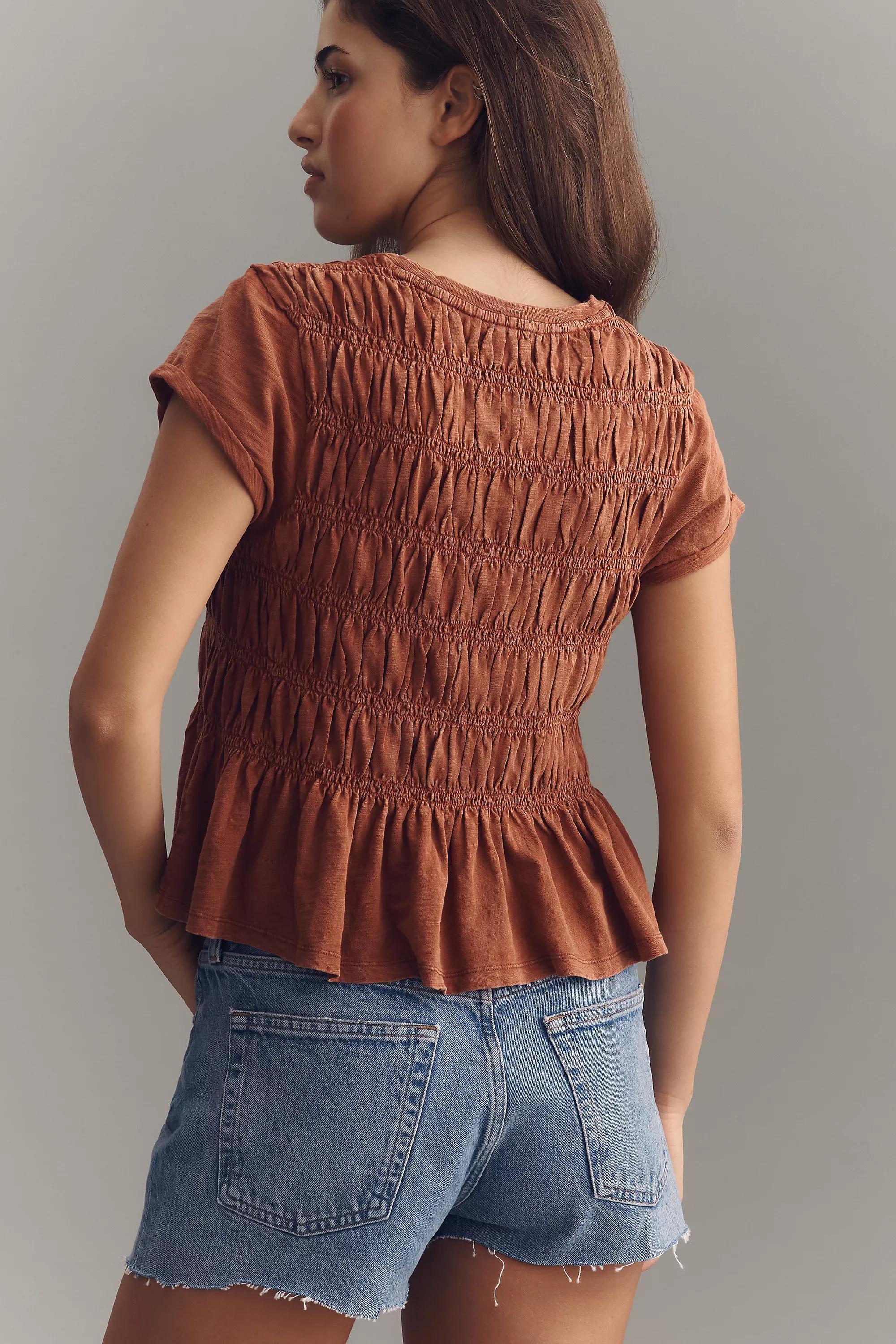 Pilcro Garment Dye Ruched Crew-Neck Cap-Sleeve T-Shirt, Terra Cotta, Orange, large image number 4