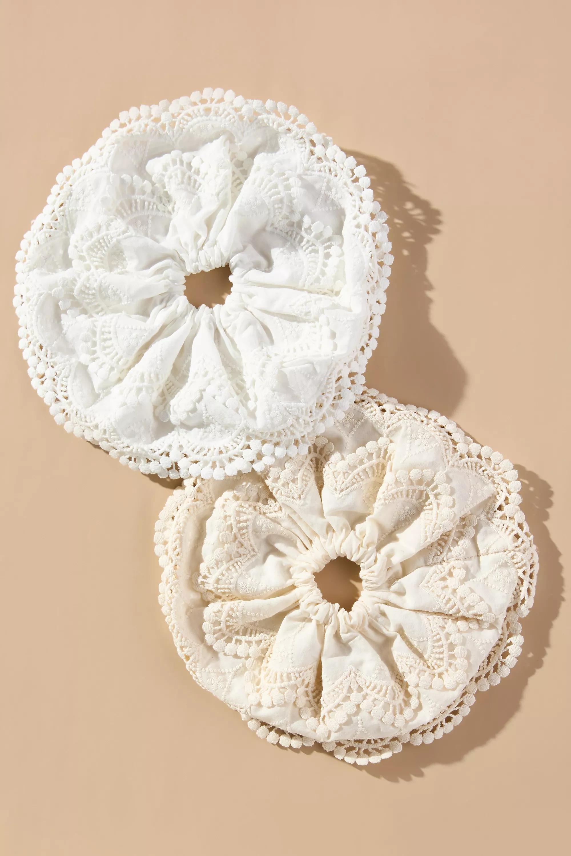 Lacy Hair Scrunchies, Set Of 2, White, A501_0014, large image number 1