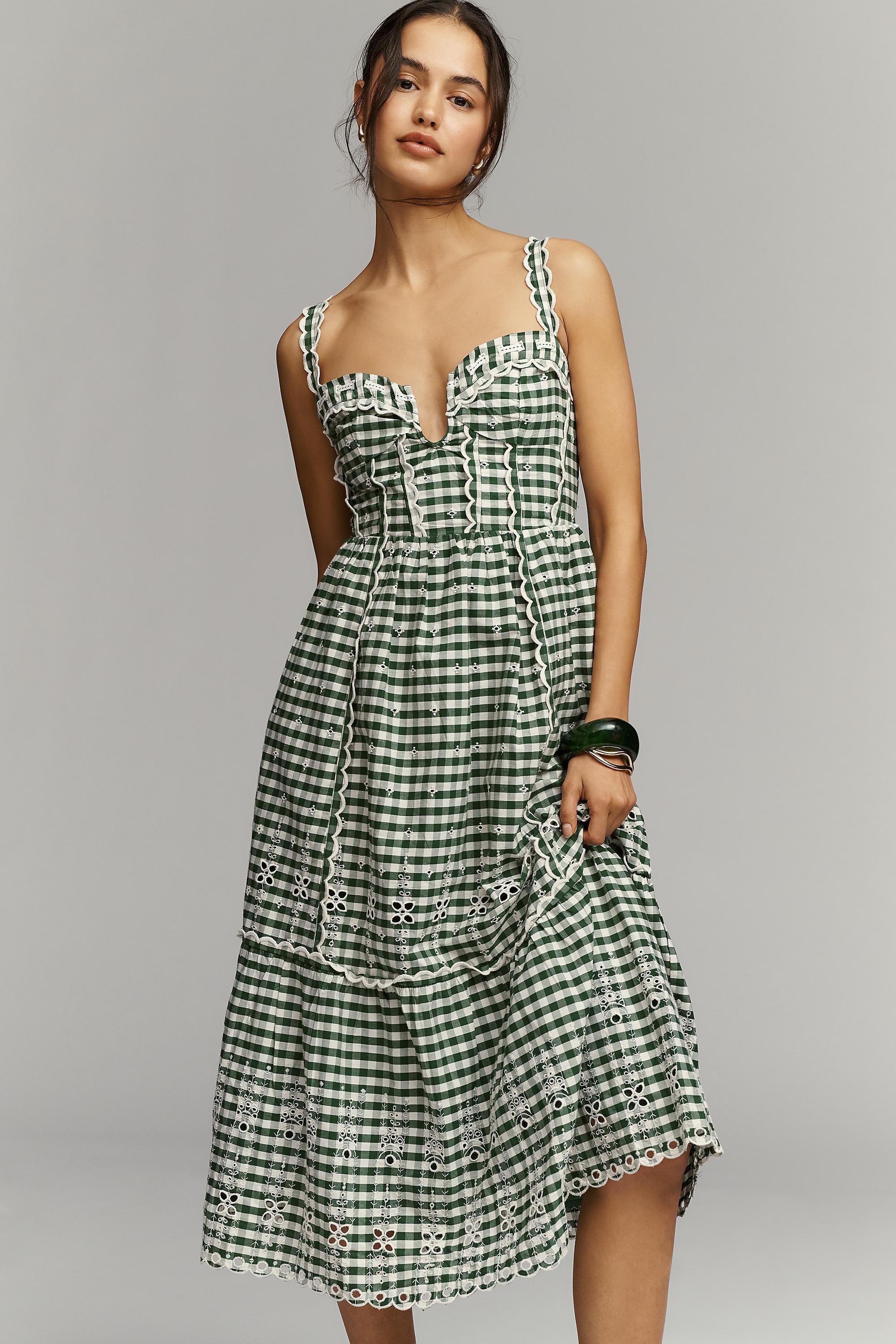 By Anthropologie Sleeveless Sweetheart Gingham Midi Dress, Green, Green, large image number 0