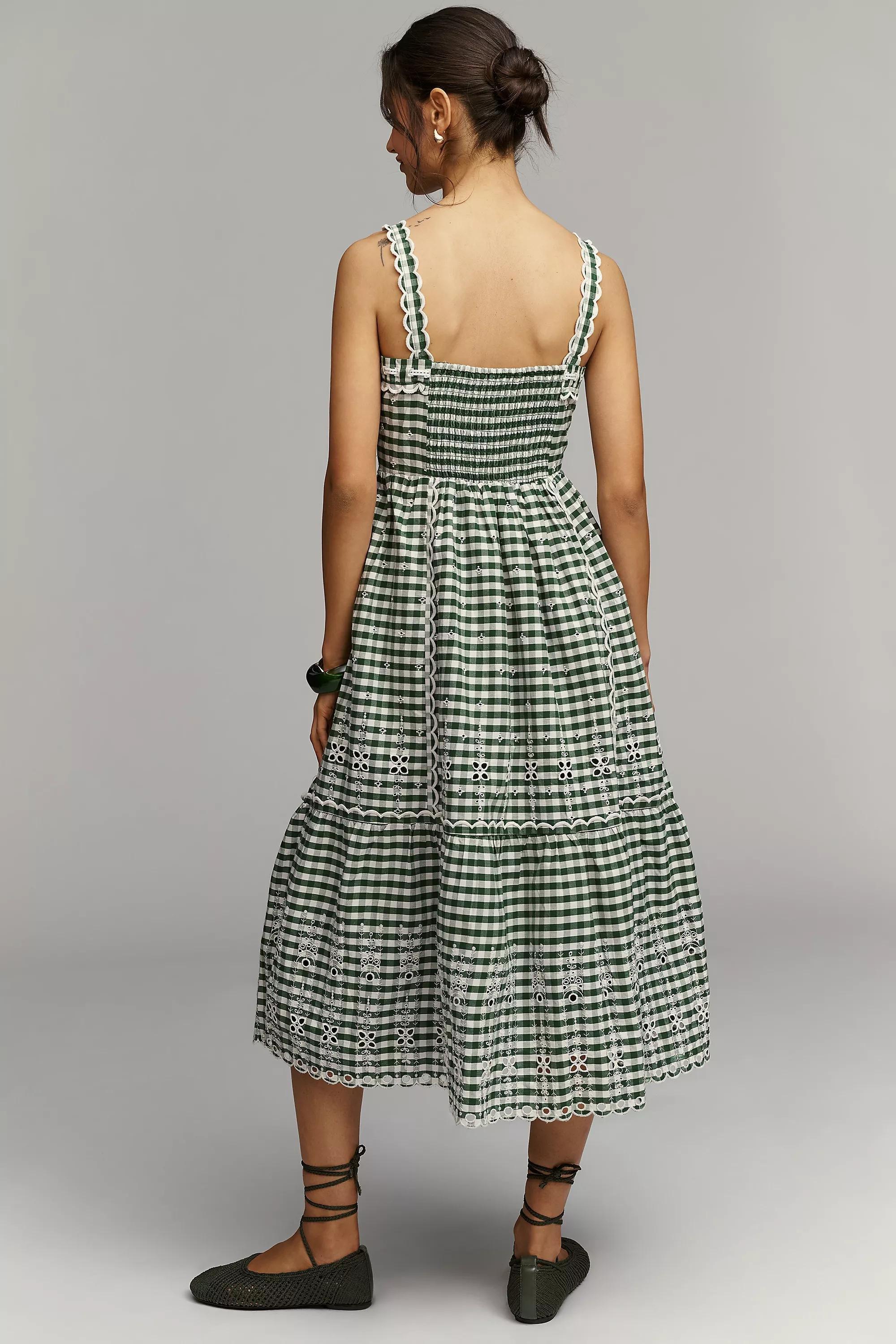 By Anthropologie Sleeveless Sweetheart Gingham Midi Dress, Green, Green, large image number 2