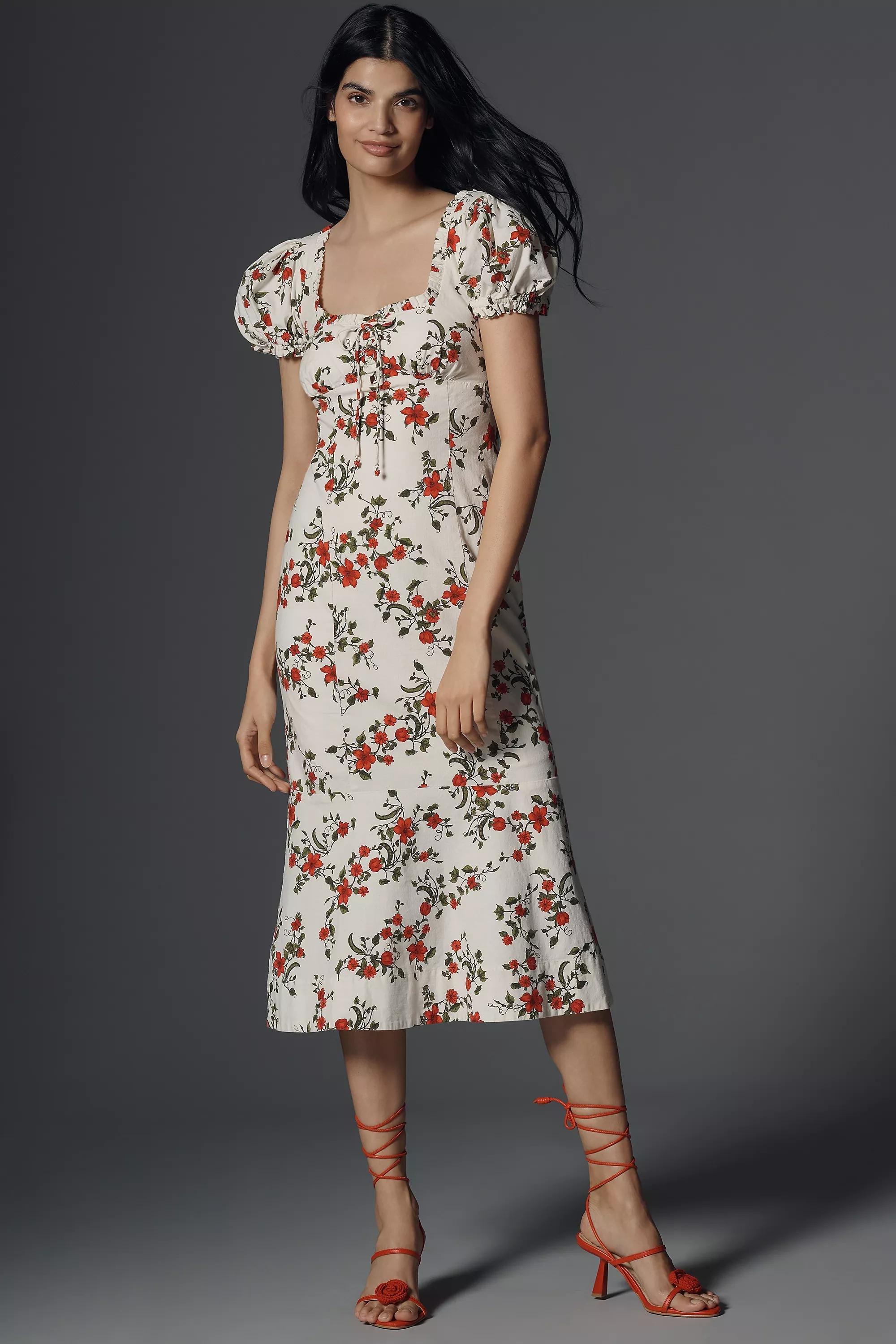 By Maeve Linen Blend Puff-Sleeve Midi Dress, White, , large image number 0