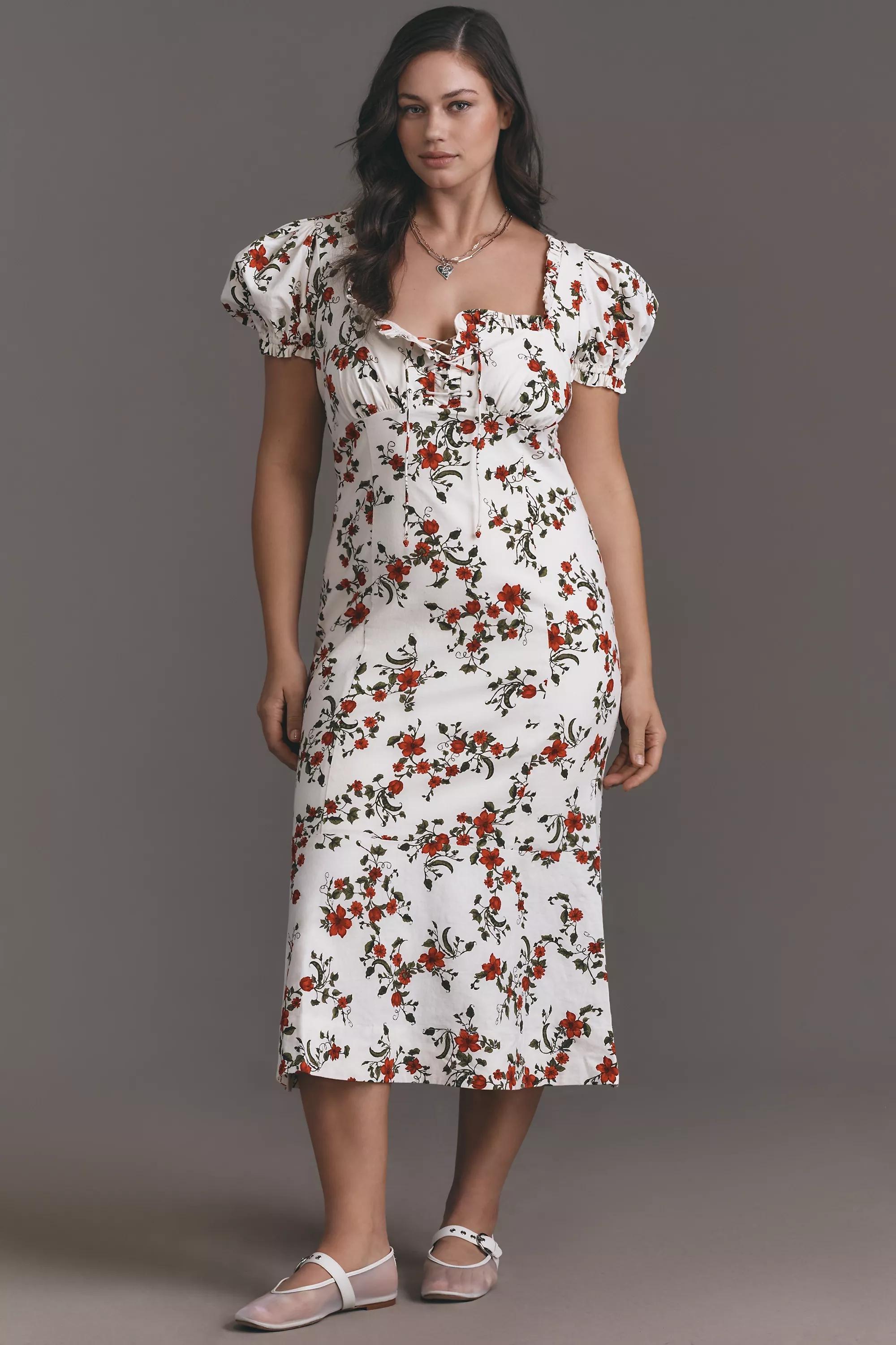 By Maeve Linen Blend Puff-Sleeve Midi Dress, White, , large image number 4